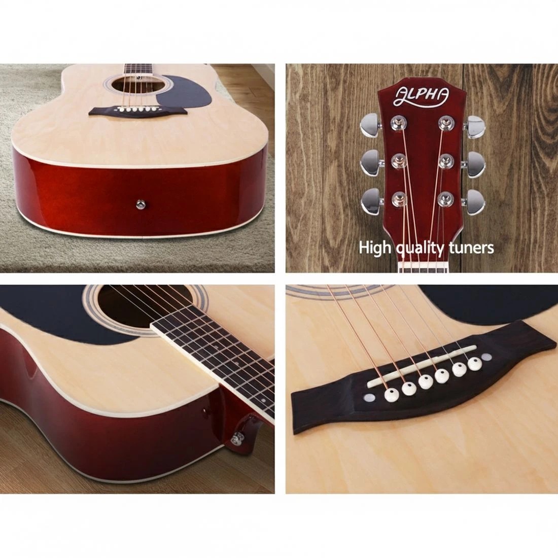 5 Alpha 41 Inch Acoustic Guitar Wooden Body Steel String Dreadnought Wood - Natural, 5 of 7