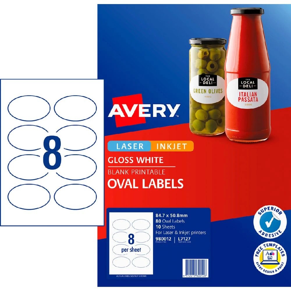 1 Avery 8UP Inkjet Laser Oval Labels Glossy White 10 Sheets, 1 of 6