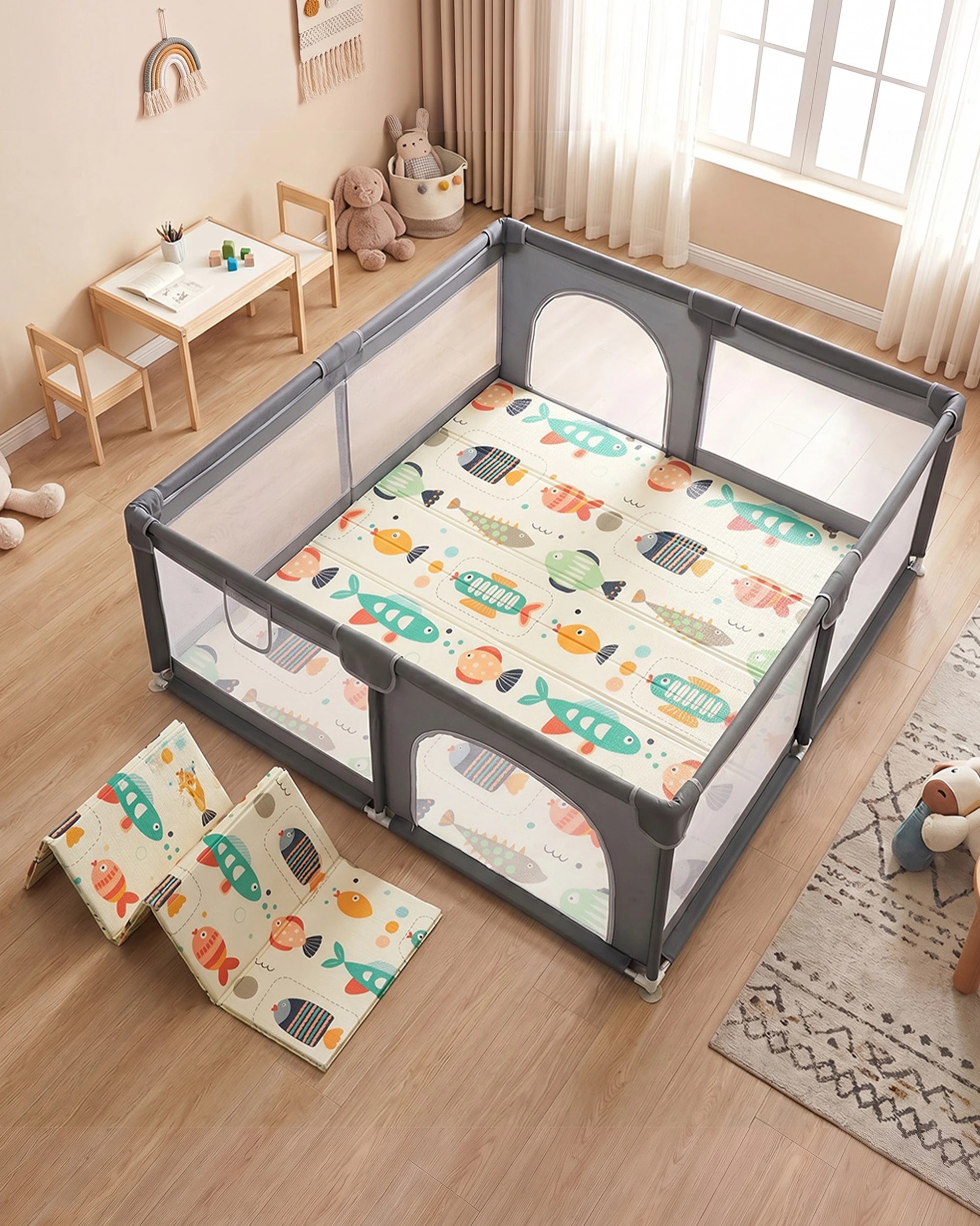 2 Playpals Baby Playpen 2 Door Mesh Toddler Fence 180x200cm w/ Play Mat Fish, 2 of 10
