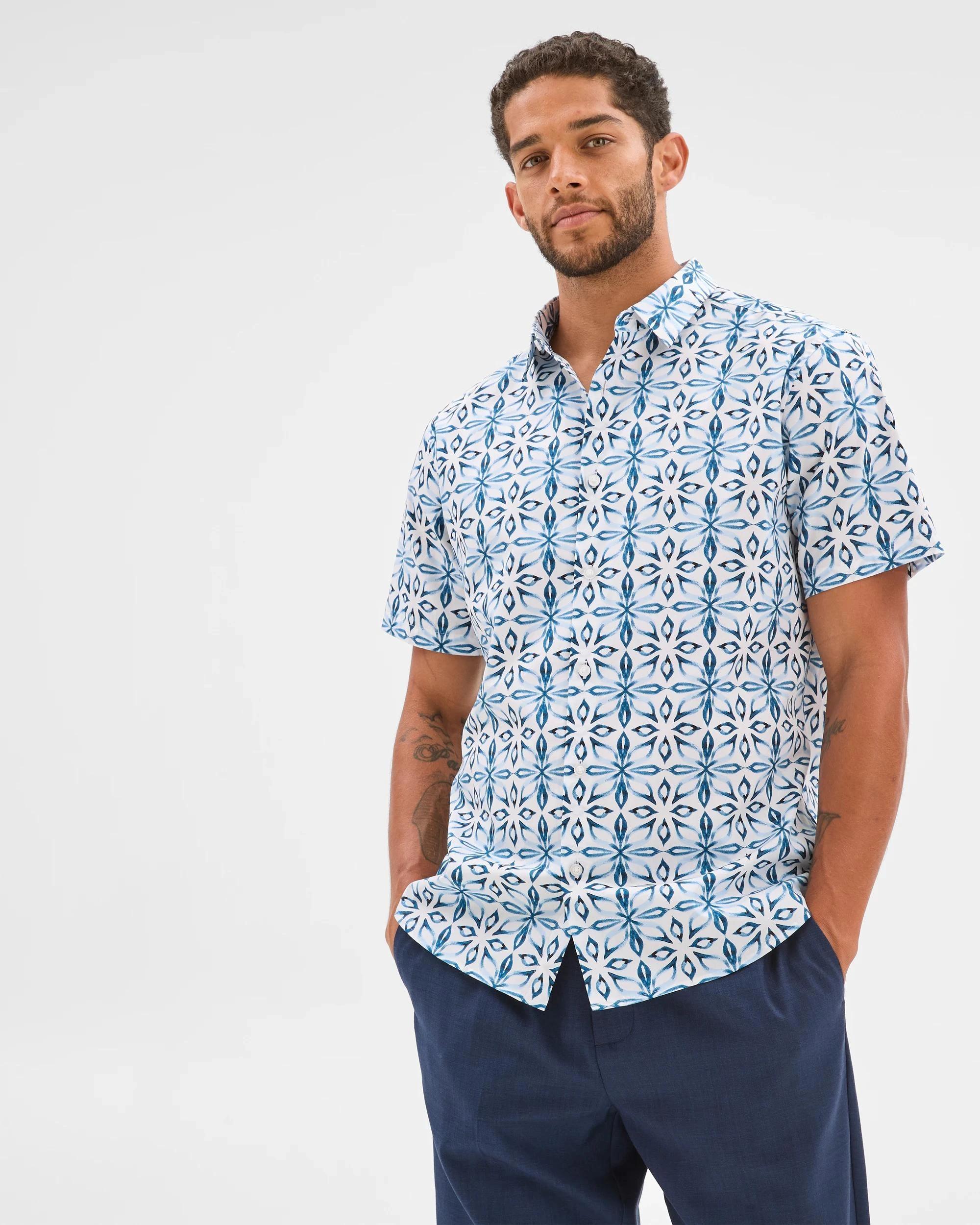 1 Australian Cotton Short Sleeve Shirt - Preview TILE AOP WHITE, 1 of 5