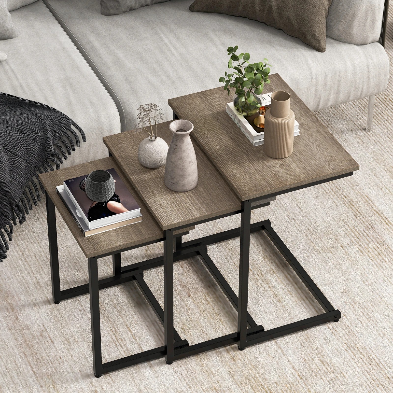 4 Costway 3pcs Nesting Coffee Table Set Retro End Side Tables Metal Frame, 4 of 5