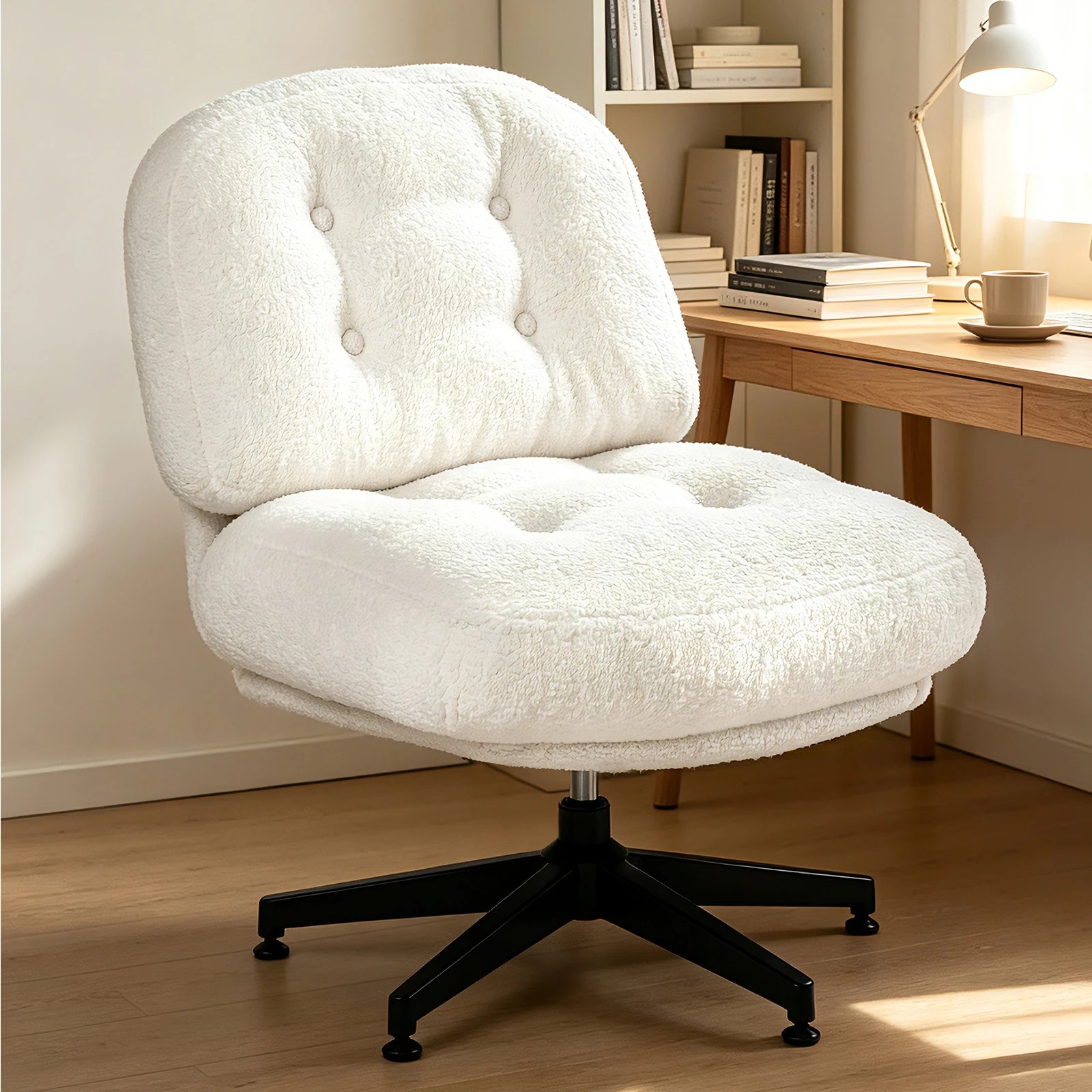 2 Advwin Armless Office Chair Teddy Fleece Ergonomic Cross Legged Chair Swivel Vanity Chair - White, 2 of 9