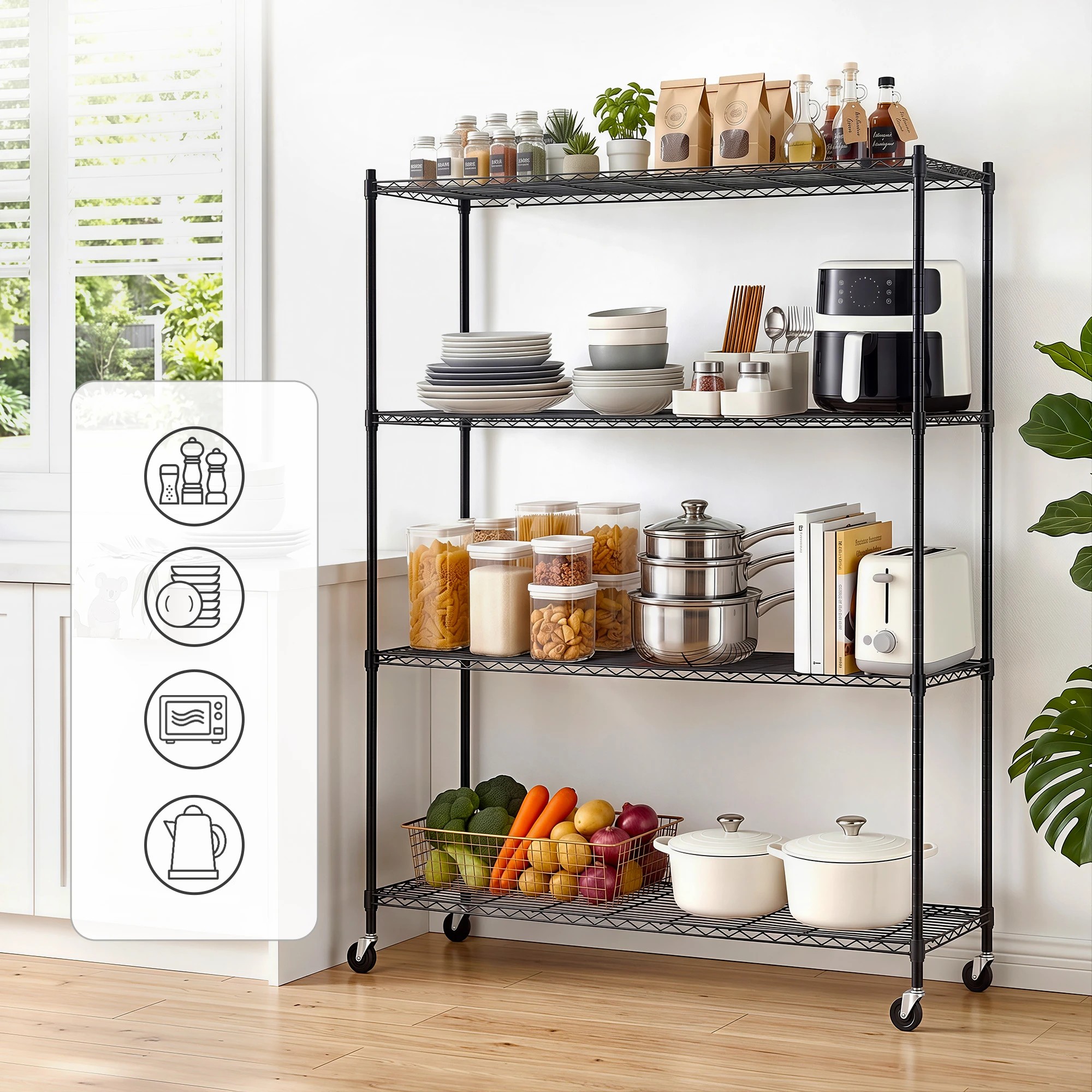 5 Artiss 4-Tier Kitchen Garage Rack Shelf with Wheels Shelving Unit 152x45x187CM Adjustable Metal Storage Shelves - Black, 5 of 9