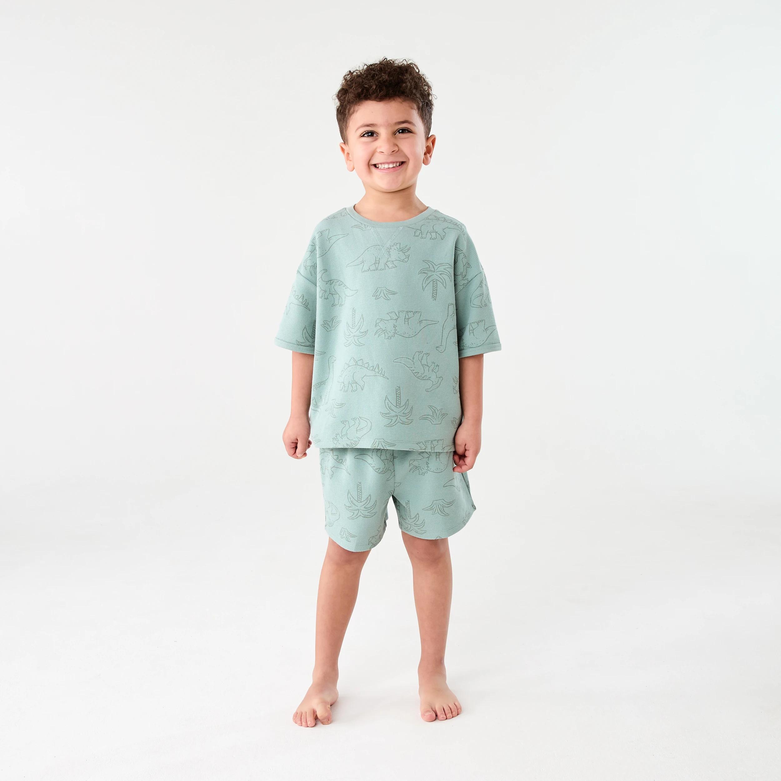 1 Short Sleeve Waffle Pyjama Set GREEN DINOS, 1 of 7