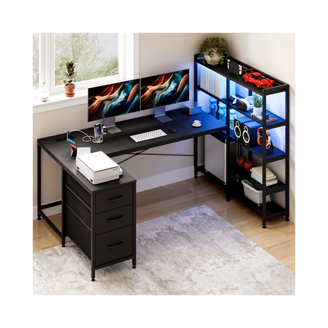 9 Advwin U Shaped Gaming Desk With Led Lights & Power Outlets Reversible 164cm Computer Desk With Bookshelf Black, 9 of 10