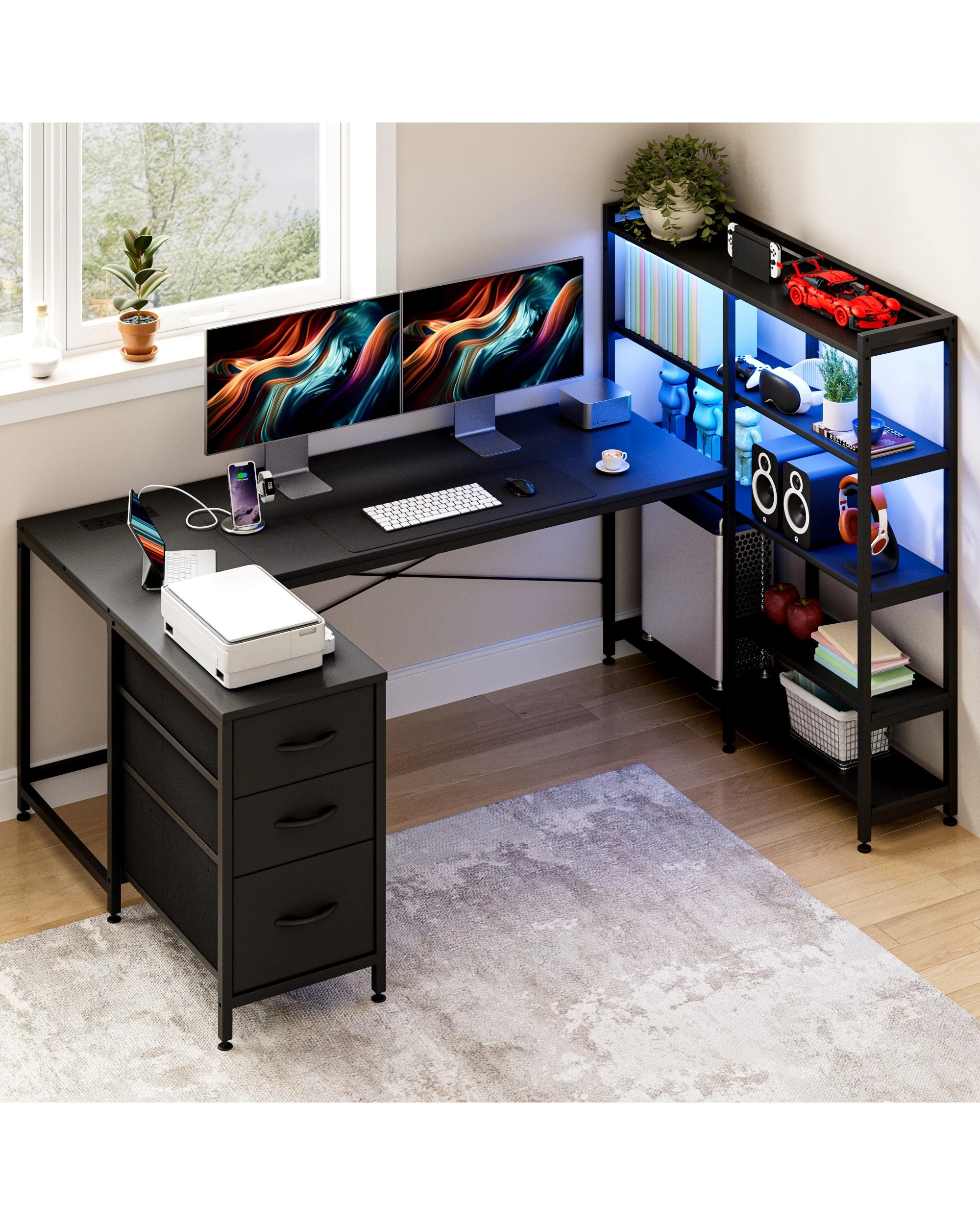 9 Advwin U Shaped Gaming Desk With Led Lights & Power Outlets Reversible 164cm Computer Desk With Bookshelf Black, 9 of 10