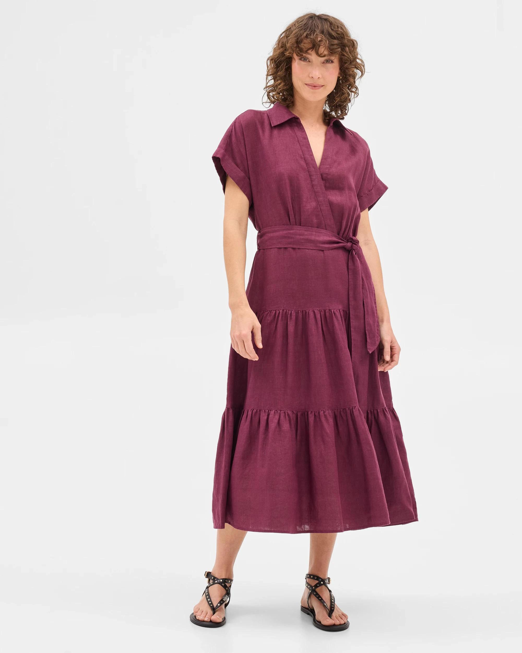 1 Target Woman European Linen Tiered Wrap Midi Dress MAUVE WINE, 1 of 6