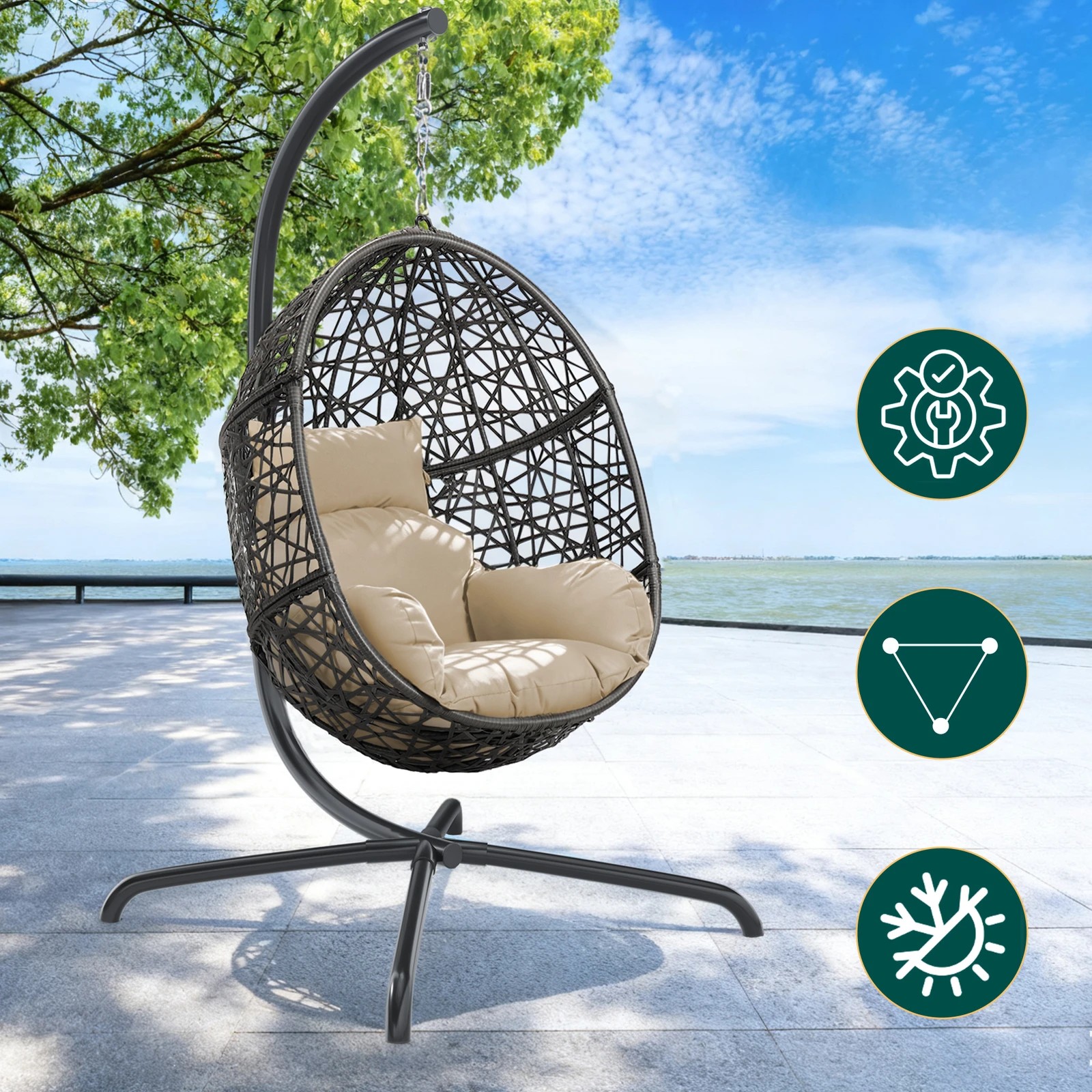 3 Alfordson Outdoor Egg Swing Chair Wicker Rattan Pod Basket Hanging Seat - Beige, 3 of 10