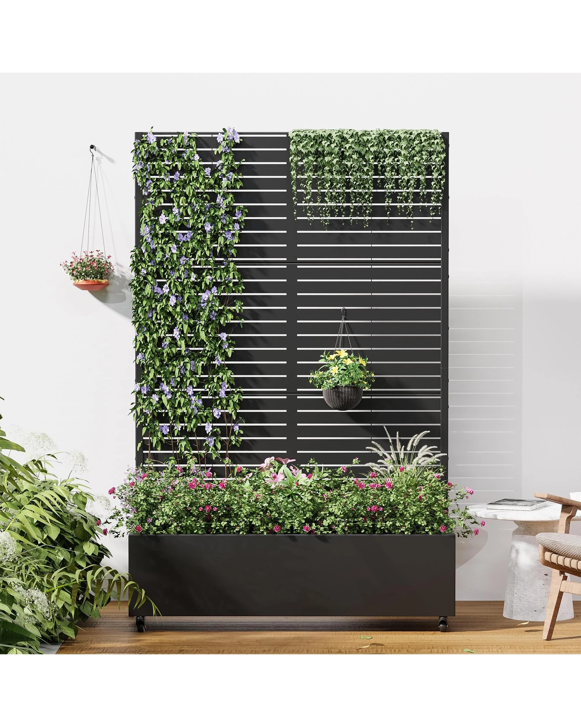 2 OAKORY 180cm Metal Planter Box with Privacy Screen and Lockable Wheels, Drainage Hole, Raised Garden Bed Classic - Black, 2 of 5
