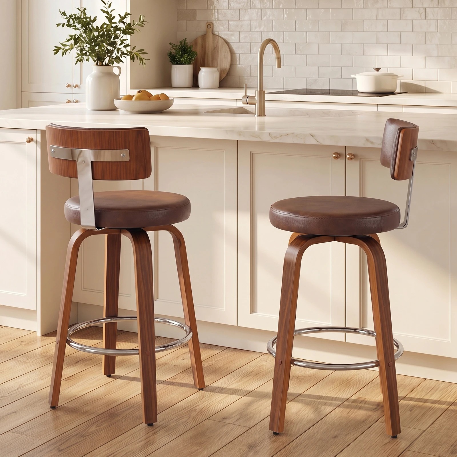6 Advwin Bar Stools Set of 2 Kitchen Stools with Back and Metal Footrest 360° Swivel- Brown, 6 of 6