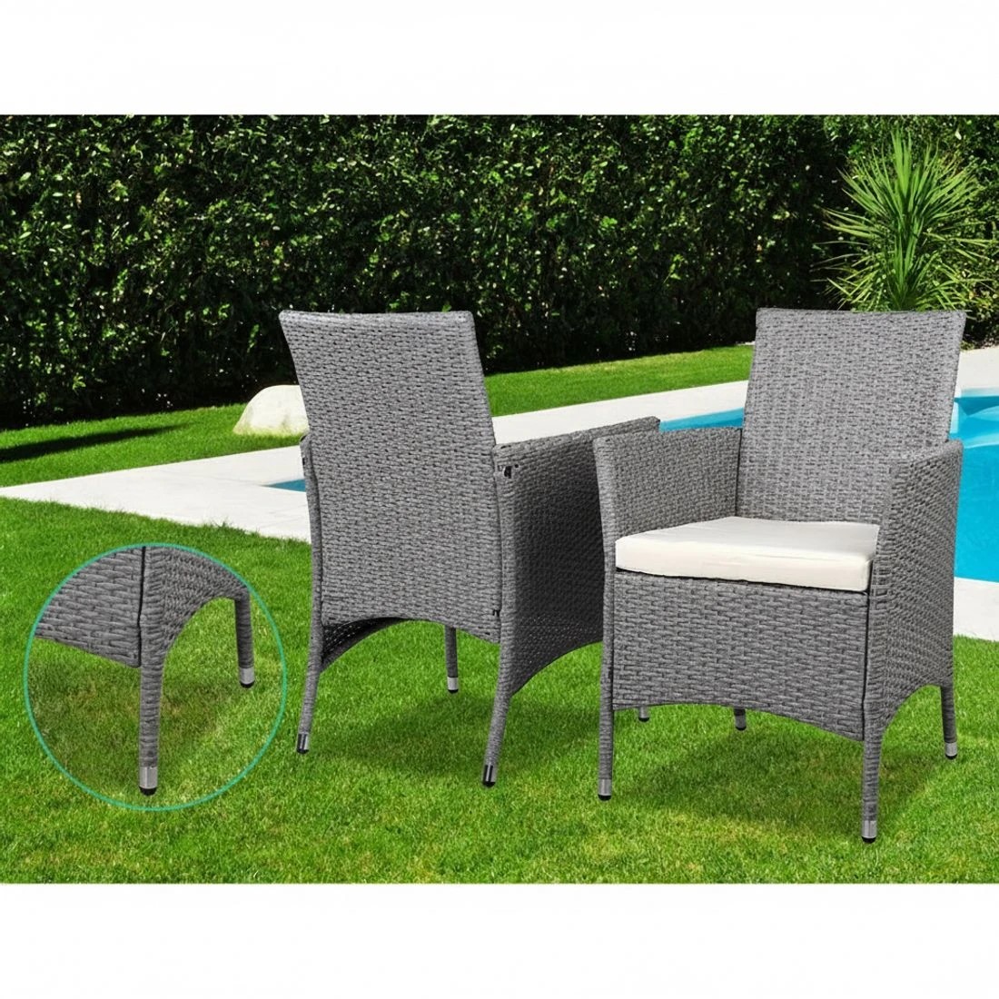 5 Gardeon 3PC Outdoor Bistro Set Patio Furniture Wicker Setting Chairs Table Cushion - Grey, 5 of 9