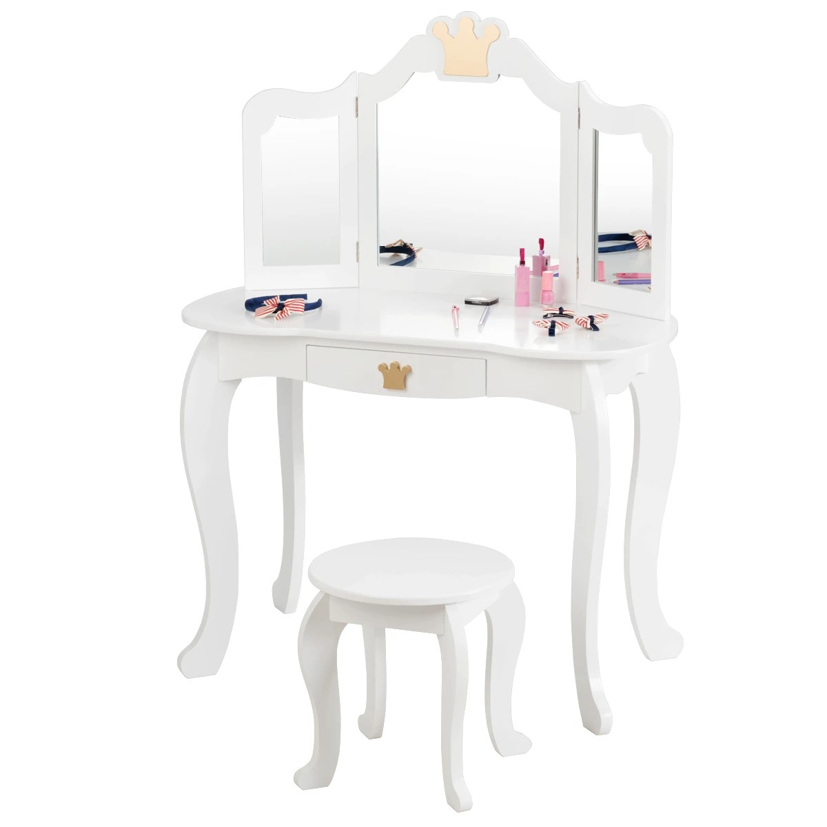 1 Costway 2in1 Vanity Table Chair Set Princess Makeup Dressing Table - White, 1 of 4