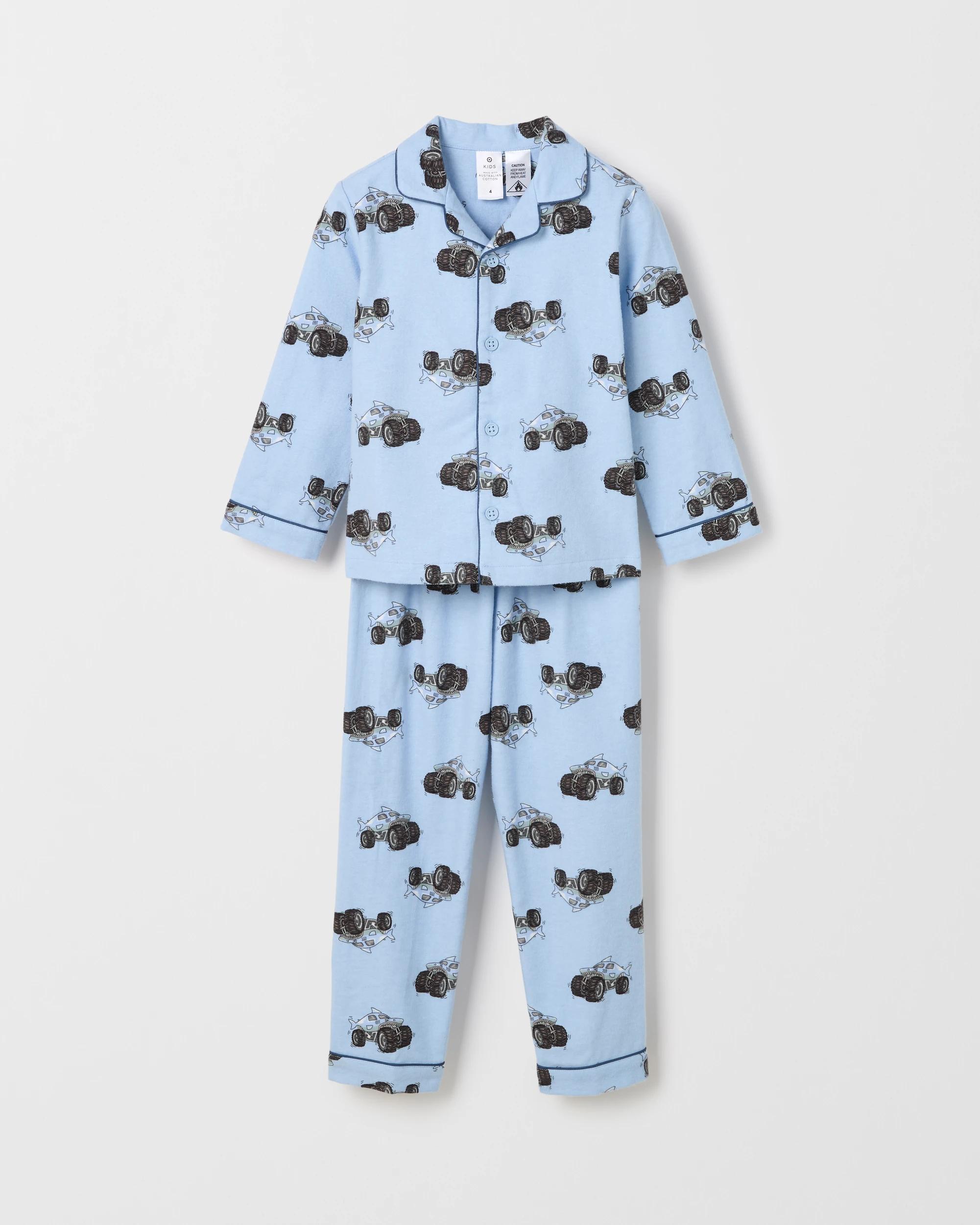 1 Target Kids Younger Boys Australian Cotton Long Sleeve Top & Long Length Pants Flannel Pyjama Set SHARK MONSTER TRUCK, 1 of 3