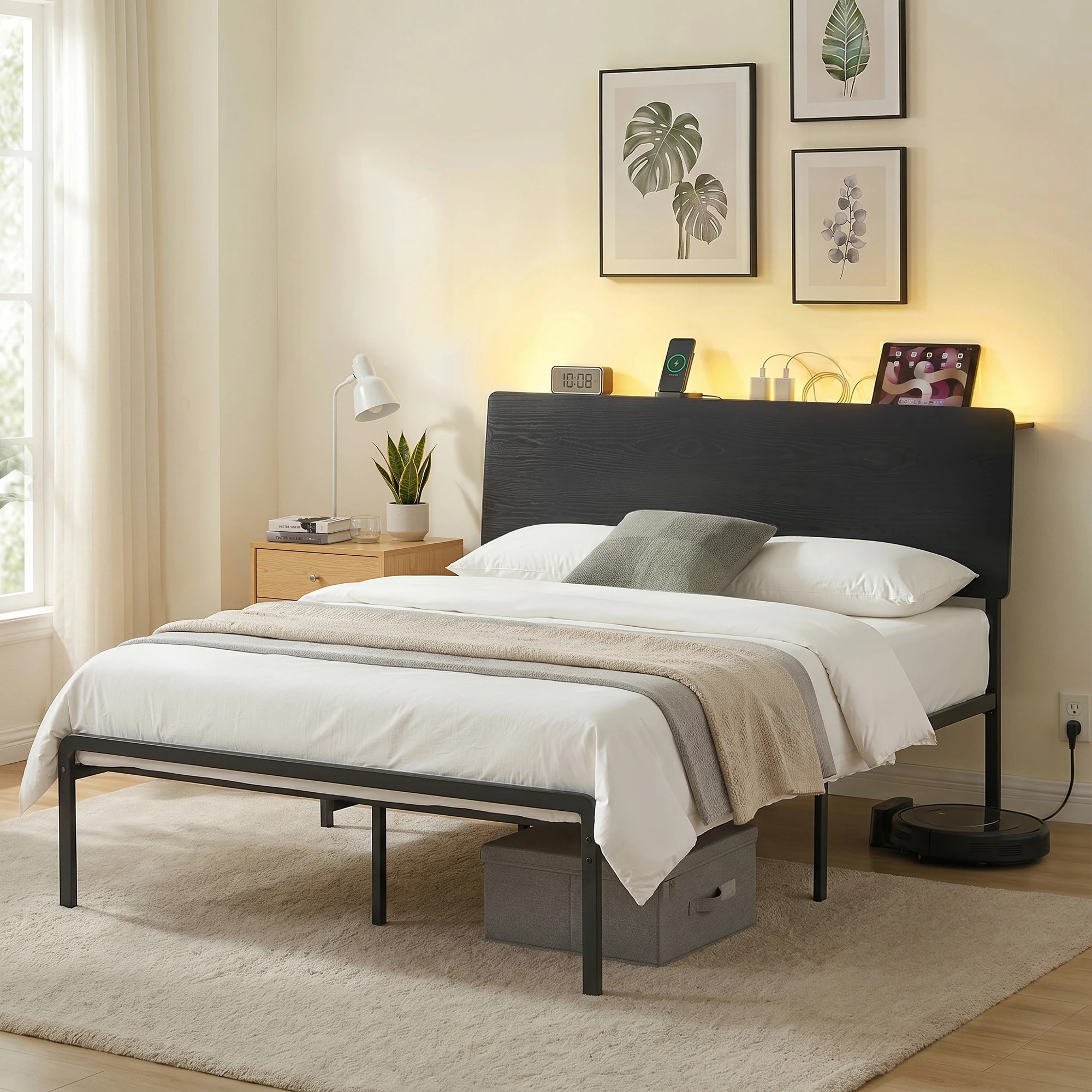 8 Artiss Bed Frame Queen Size LED Metal Bed Base with Charging Station LAN - Black, 8 of 8