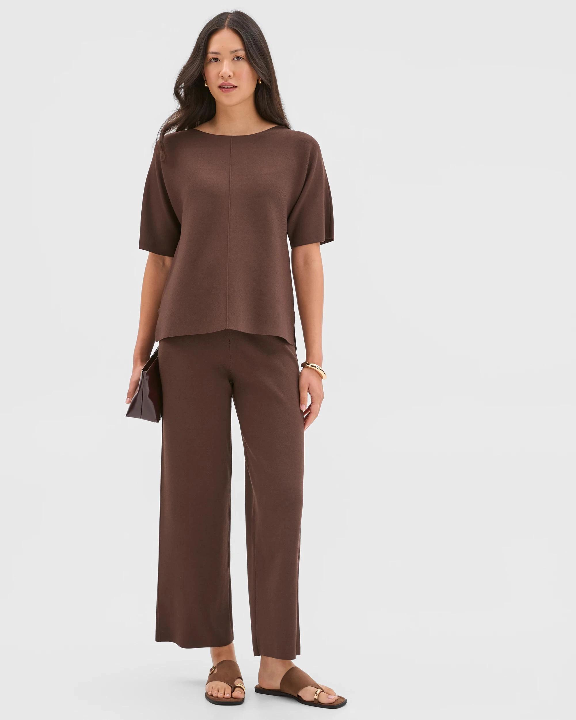 2 Preview Short Sleeve Crepe Knit T-Shirt GANACHE, 2 of 6