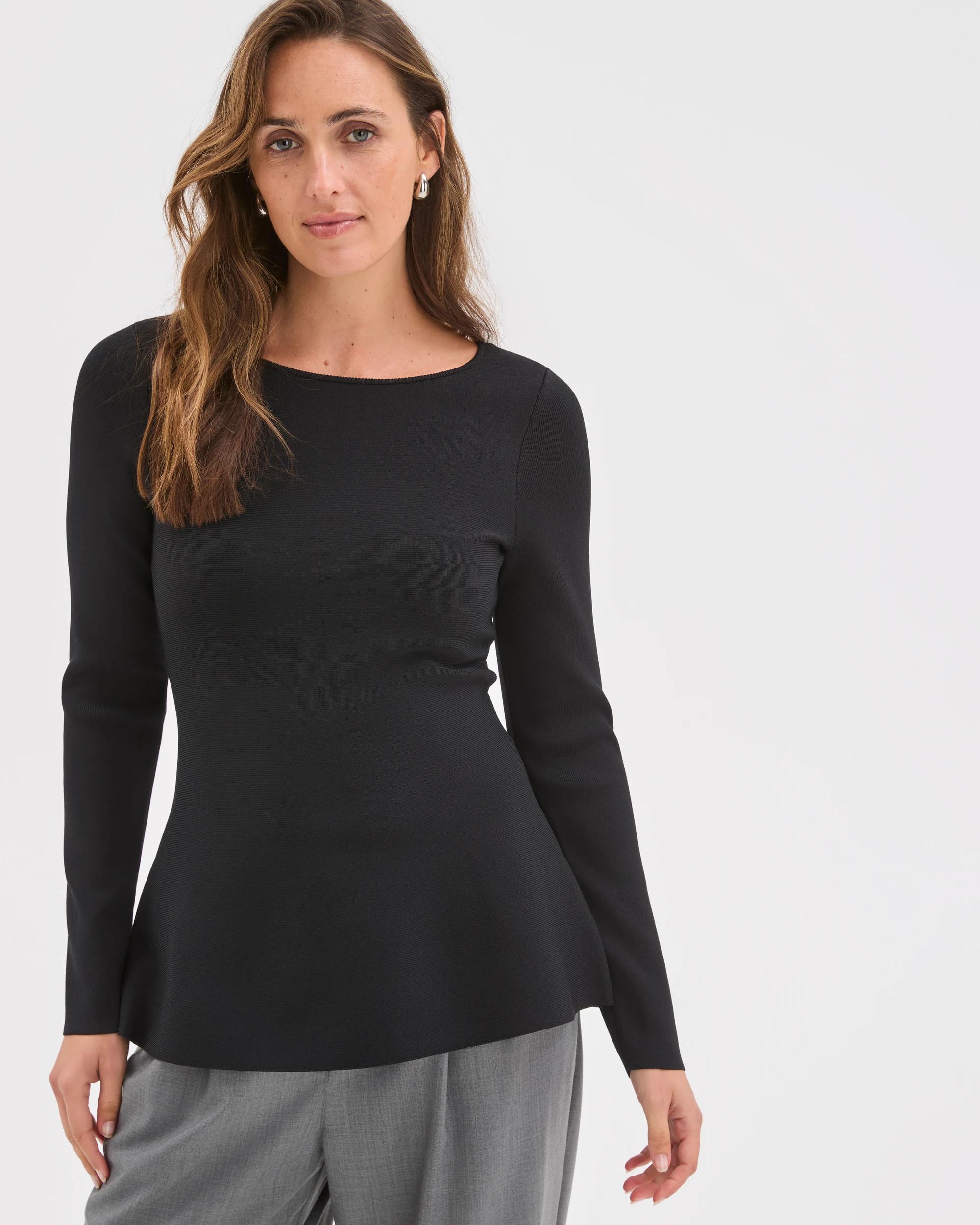 4 Preview Long Sleeve Peplum Crepe Knit Top BLACK, 4 of 7