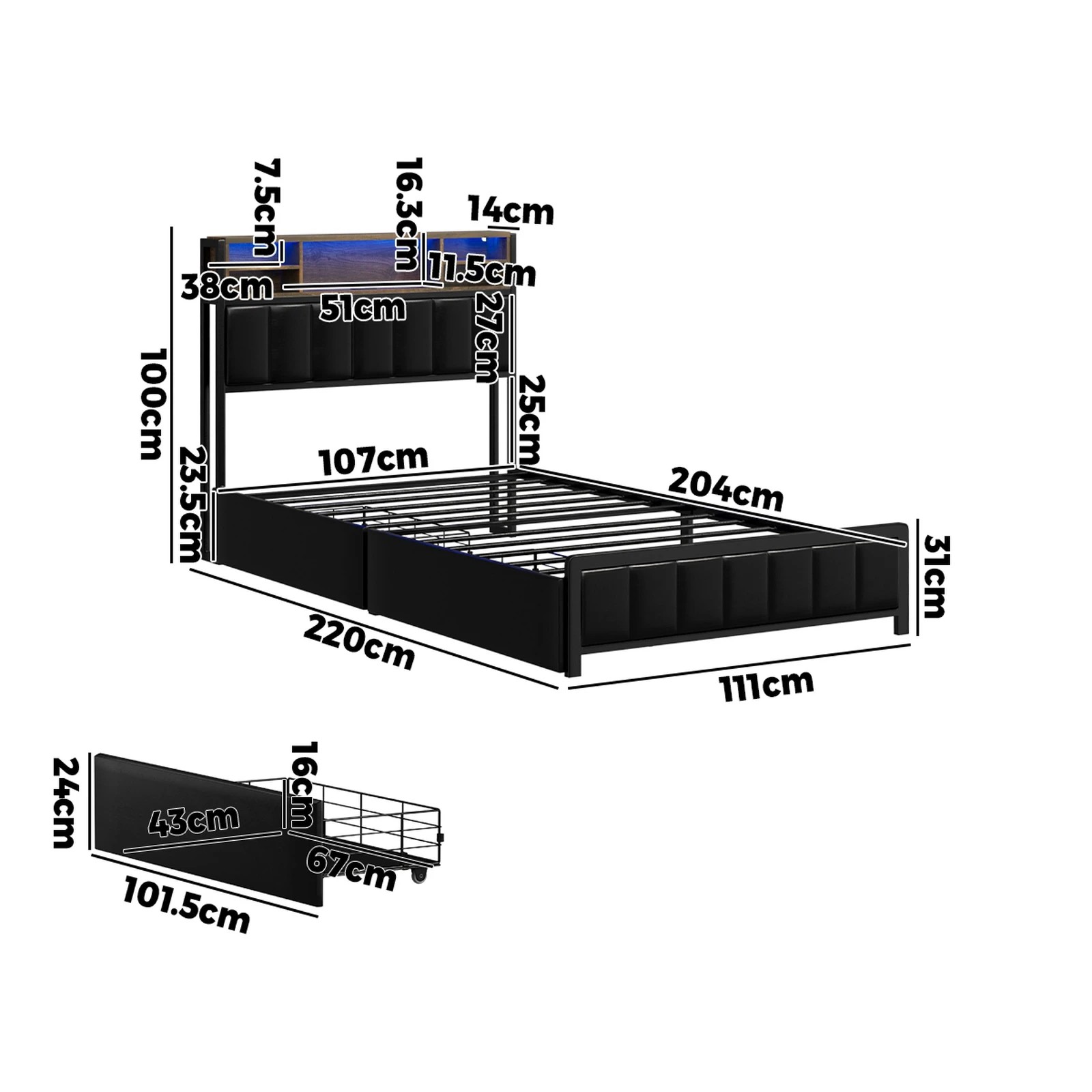 2 Oikiture Bed Frame King Single Size LED Storage Headboard USB Charge 2 Drawers - Black, 2 of 9