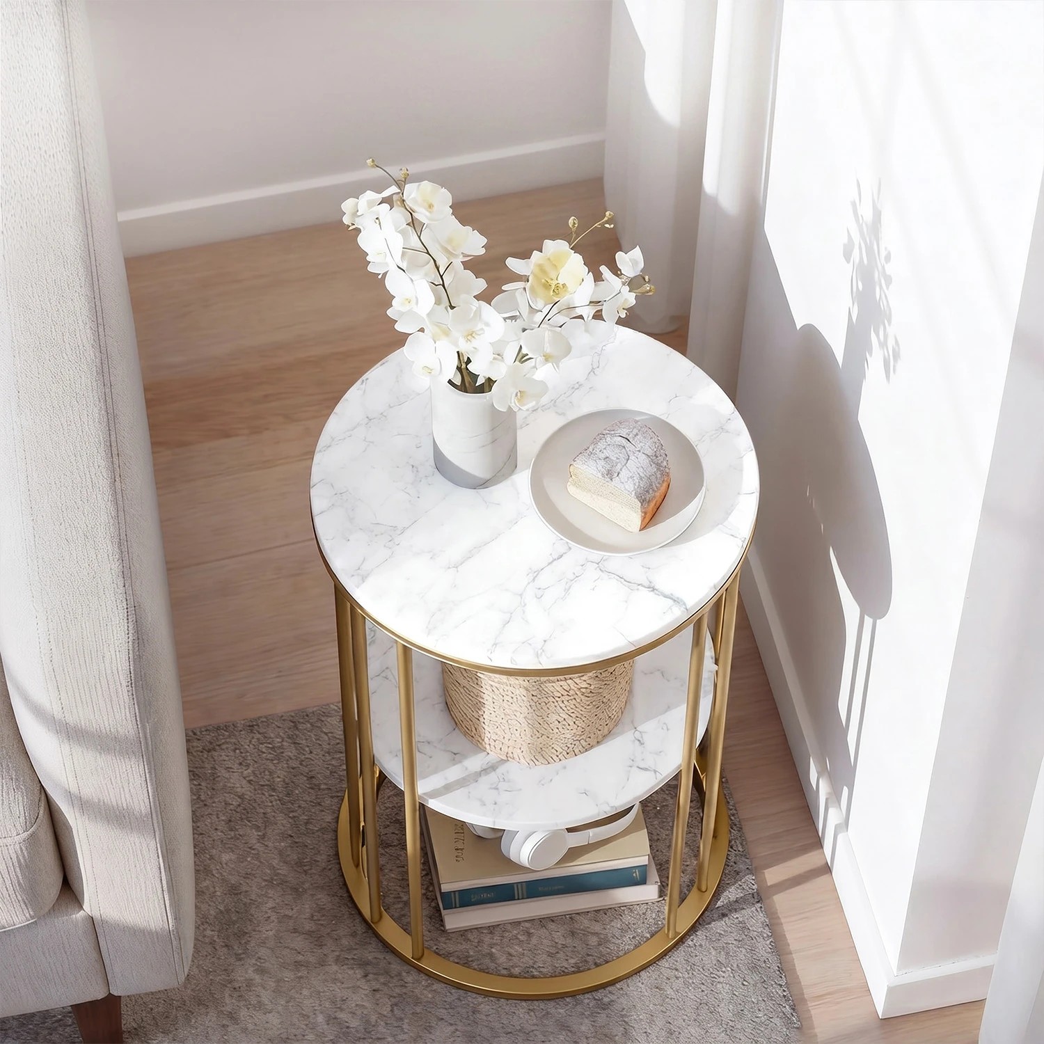 6 Artiss Side Table Set of 2 Marble Effect Round Coffee Table 2 Tier End Bedside Table Nightstand - White, 6 of 8