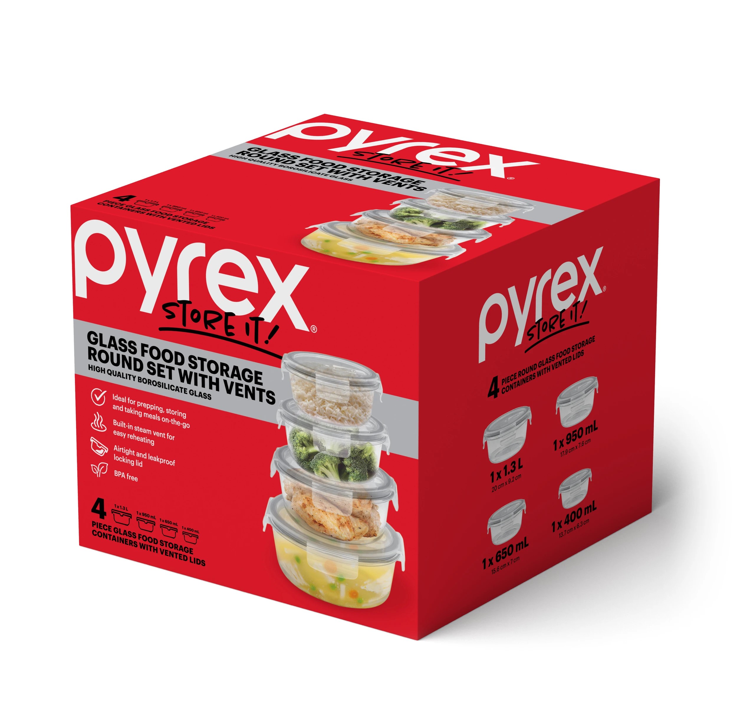 1 4 Piece Pyrex Glass Food Storage Round Set with Vents, 1 of 3