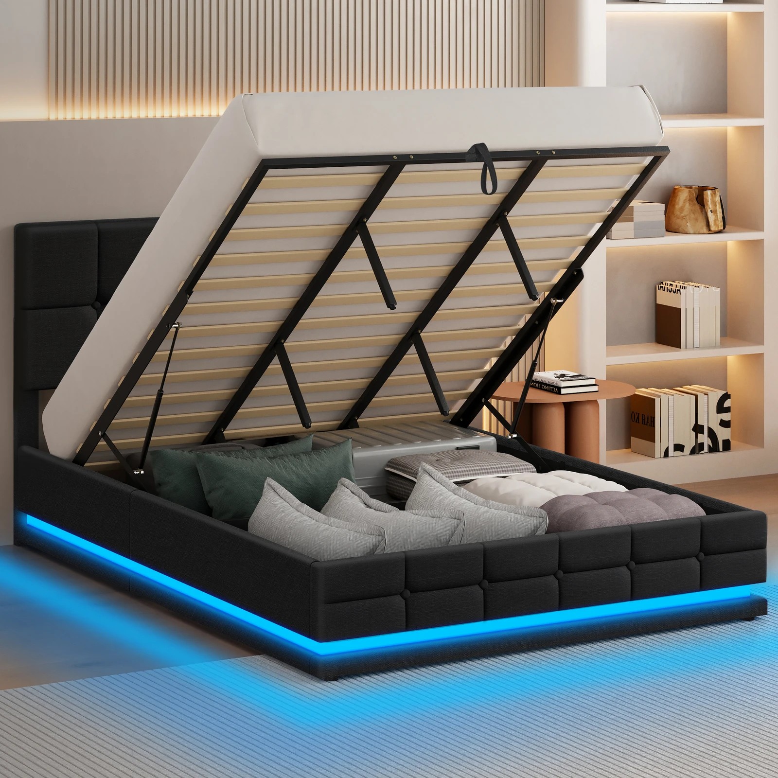 4 Alfordson Bed Frame King Size Platform RGB LED Gas Lift Base Storage - Charcoal, 4 of 10