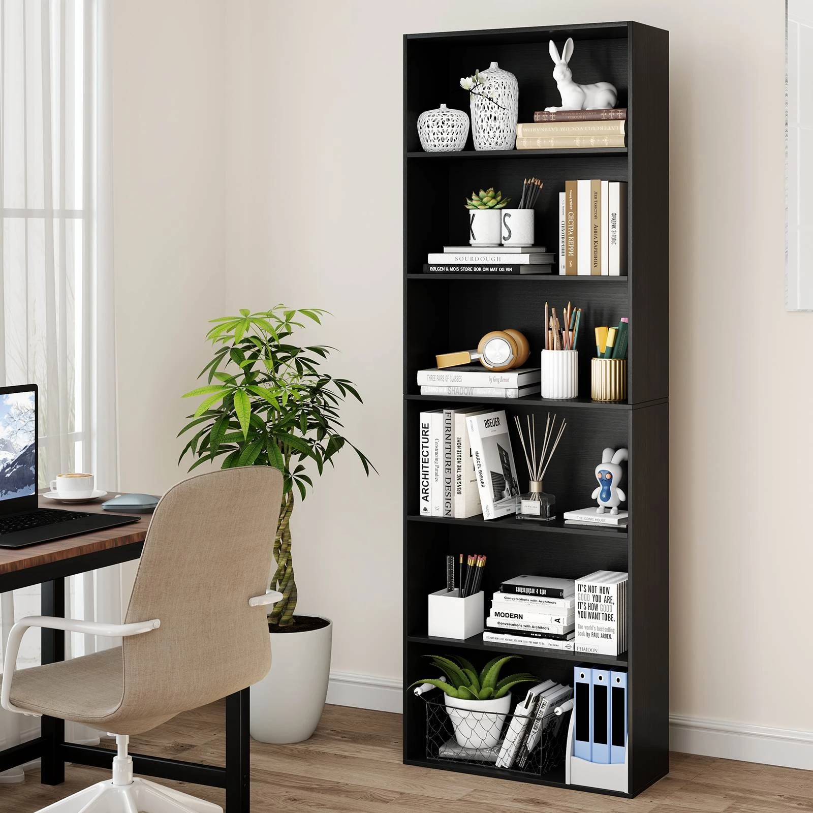 3 Costway 6-Tier Open Bookcase Tall Book Storage Organizer Display Cabinet Black, 3 of 4