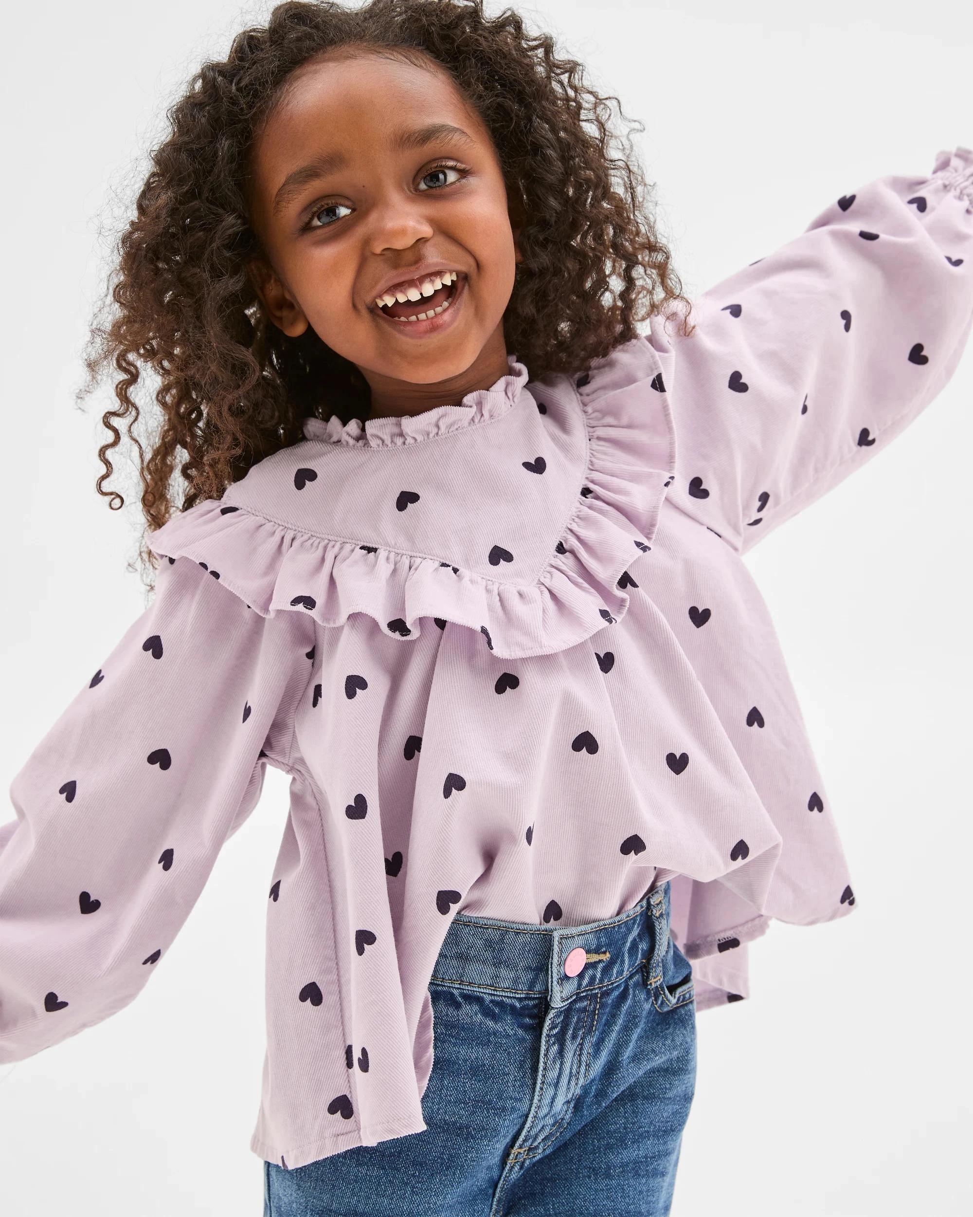 3 Target Kids  Australian Cotton Long Sleeve Woven Heart Cord Frill Blouse PURPLE, 3 of 5