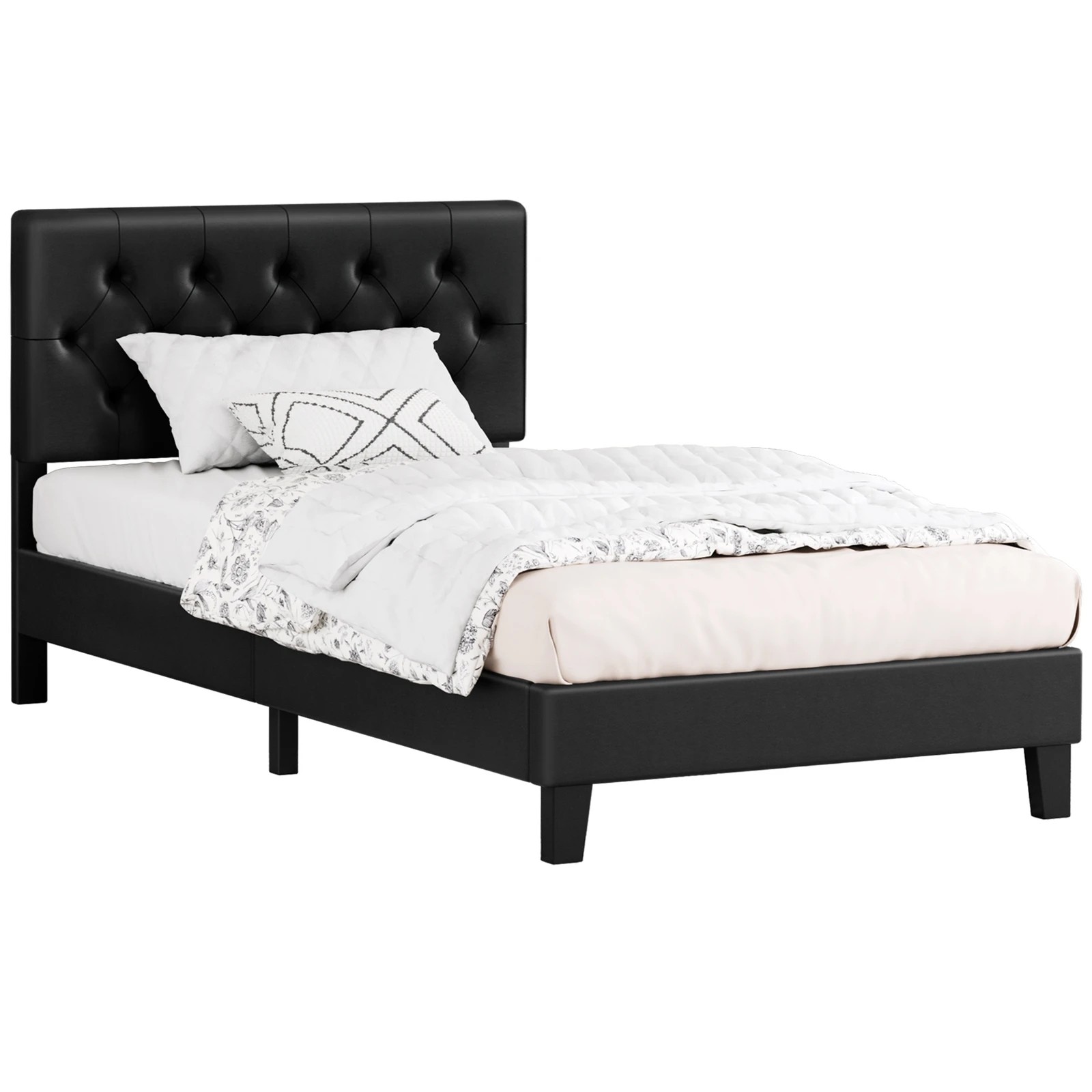 1 Alfordson Bed Frame King Single Tufted Headboard Modern Leather Meduna - Black, 1 of 9