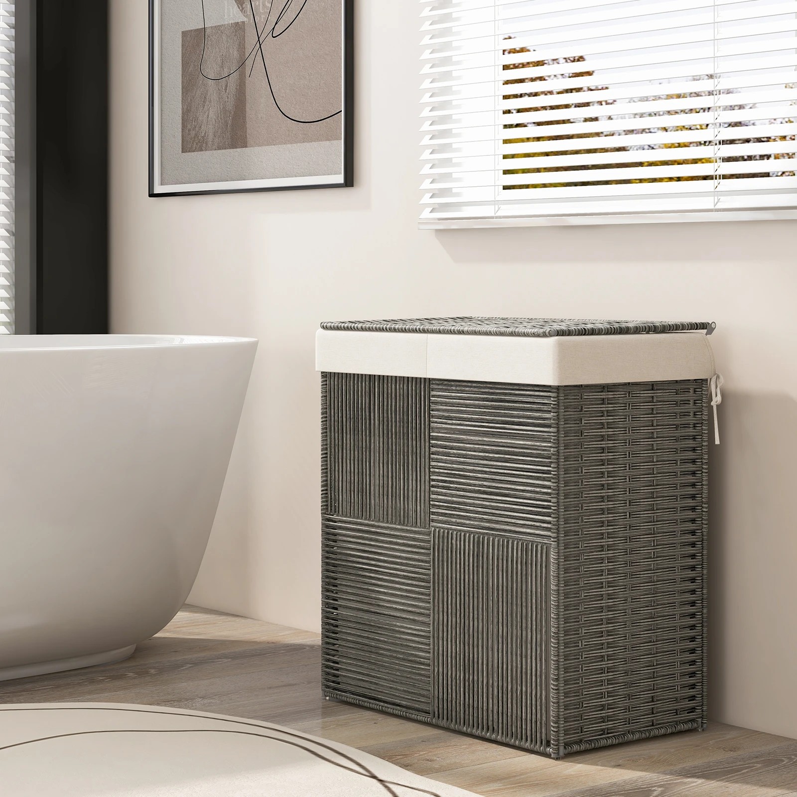3 Costway 2-Section Laundry Hamper 110L Rattan Clothes Basket w/Removable Liner Bag, 3 of 3