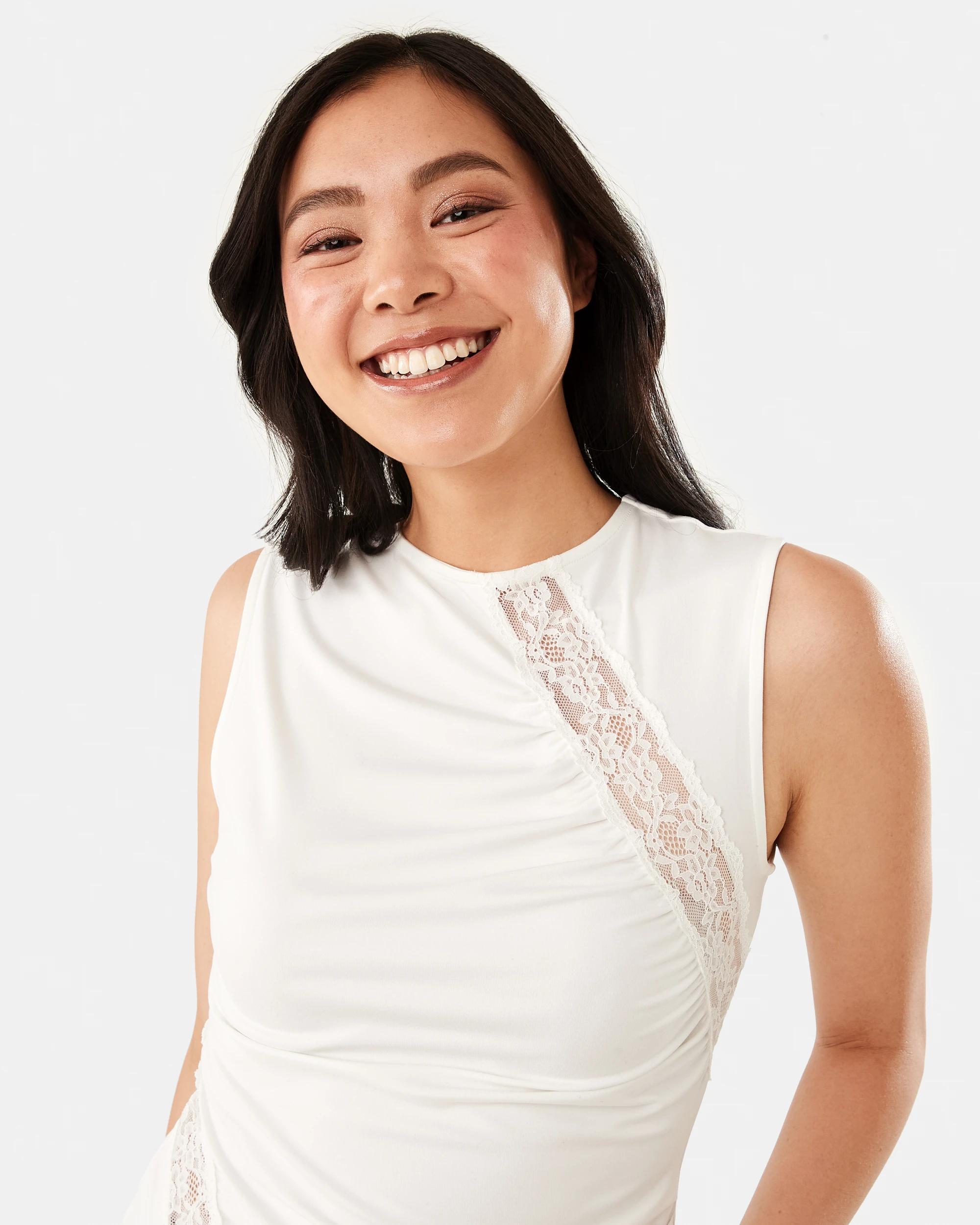 4 Sleeveless Lace Trim Drape Tank Cld White, 4 of 6
