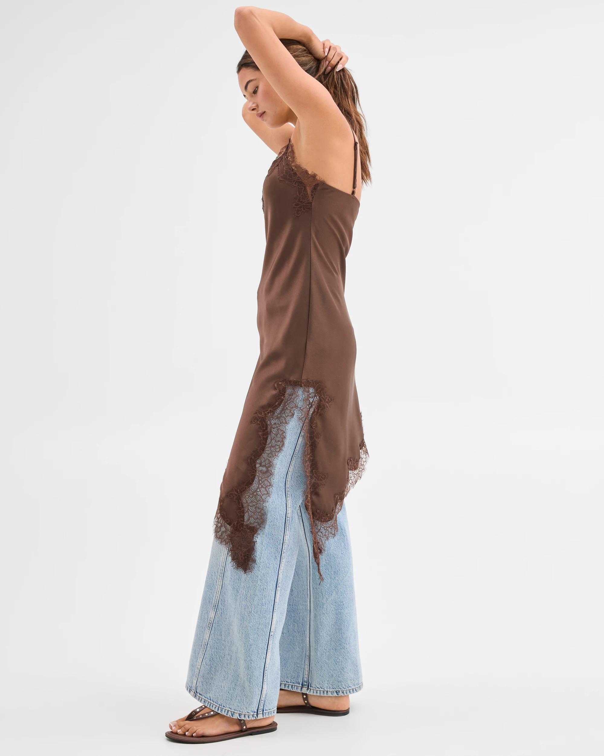 6 Lily Loves Satin Lace Trim Cami Midi Dress CHOCOLATE, 6 of 7