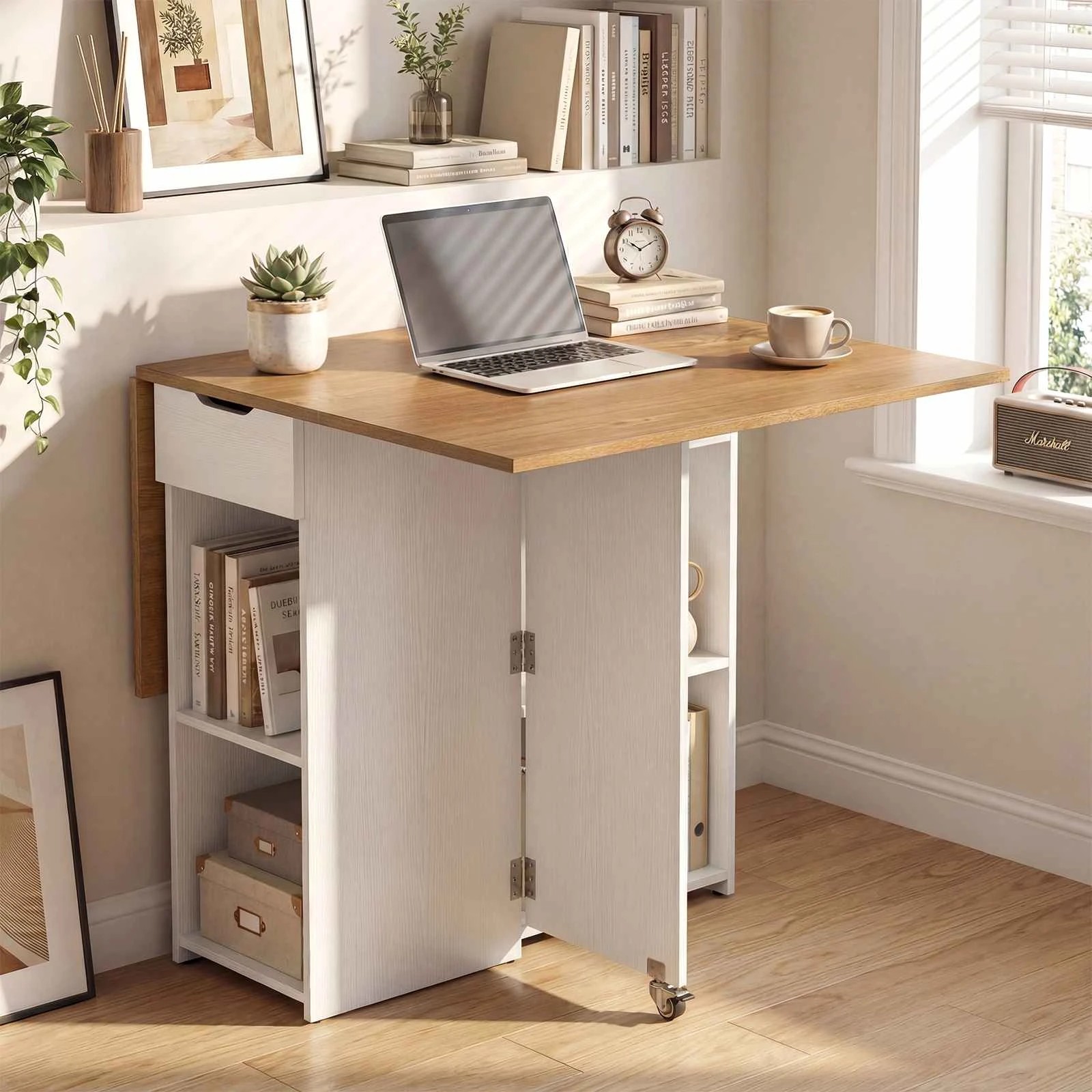 3 Costway Folding Dining Table Extendable Wooden Kitchen Console Table Drop Leaf w/Shelves & Drawer - White, 3 of 5
