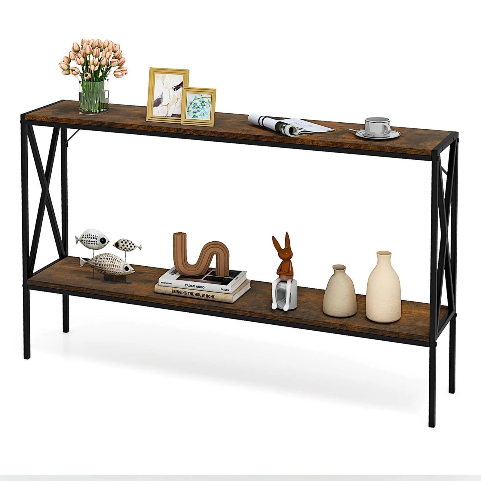 5 Costway Metal 2-Tier Console Table Narrow Sofa Side Table Entry Hallway - Brown, 5 of 6