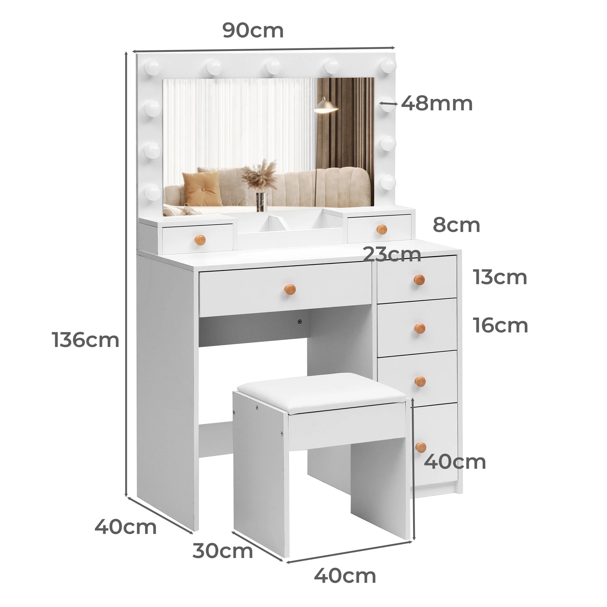 3 Levede Dressing Table Stool Set 11 Bulb Makeup Mirror Vanity Desk Cabinet White, 3 of 9