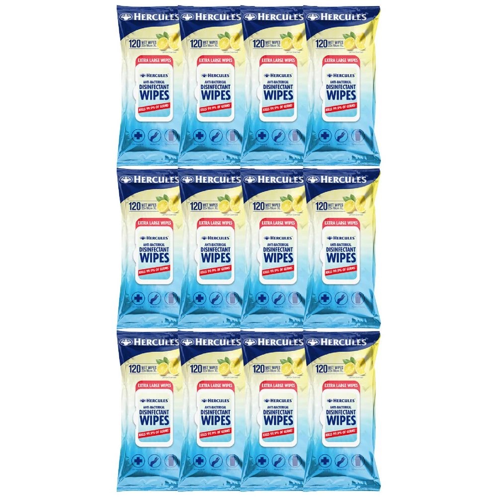 1 Hercules Antibacterial Disinfectant Wipes Lemon XL 12 Pack, 1 of 1