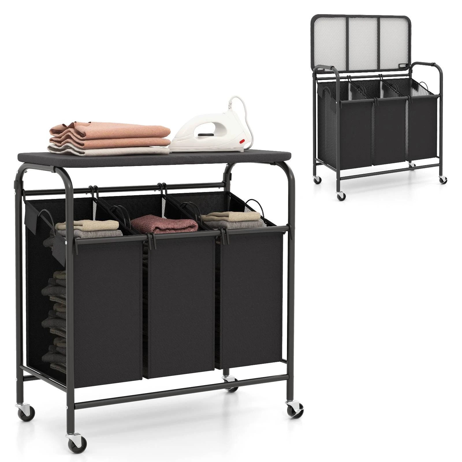 4 Costway 3-Bag Laundry Sorter Cart Heavy Duty Laundry Hamper w/Foldable Ironing Board, 4 of 4