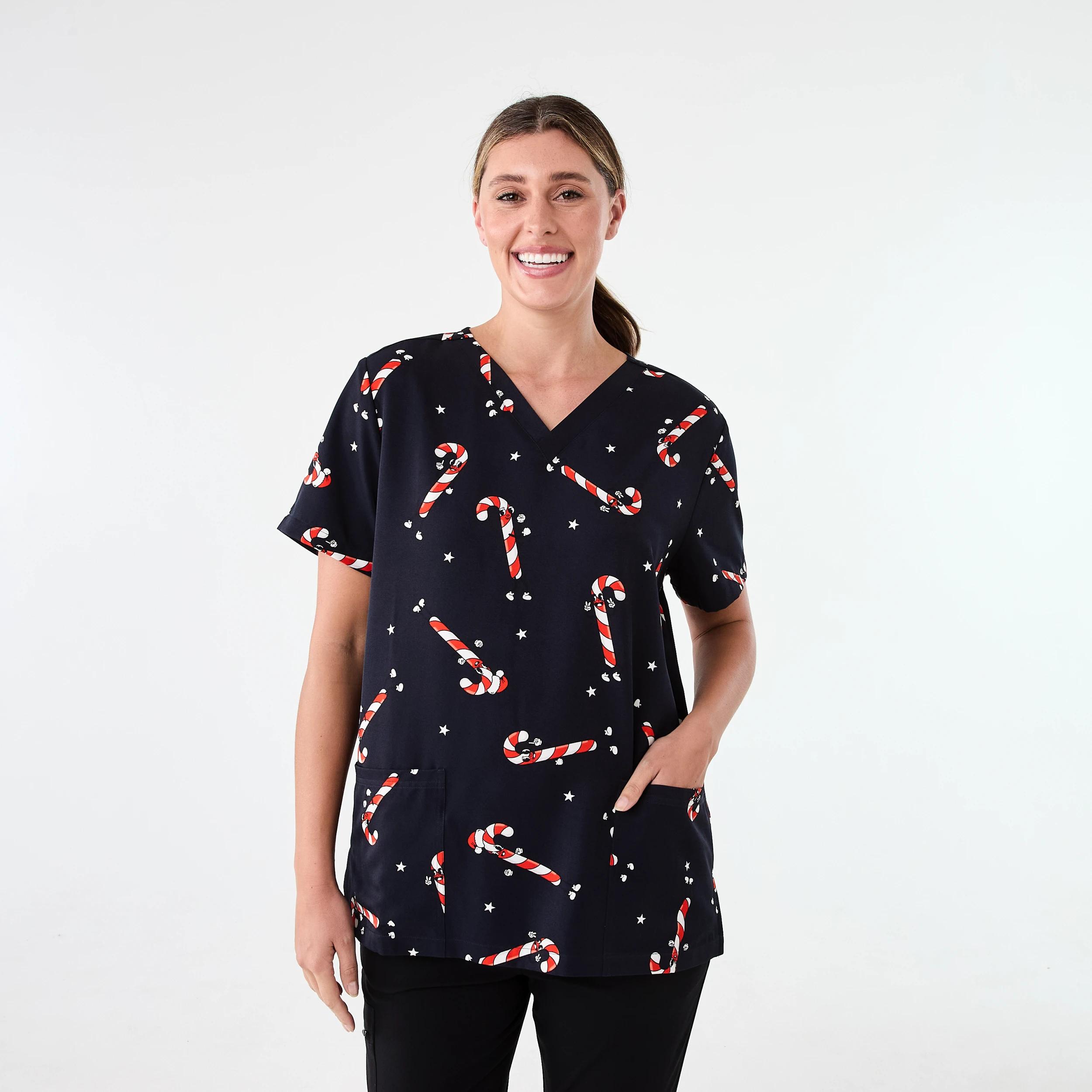 1 Workwear Short Sleeve Christmas Scrub Top DANCING CANDY CANES, 1 of 8