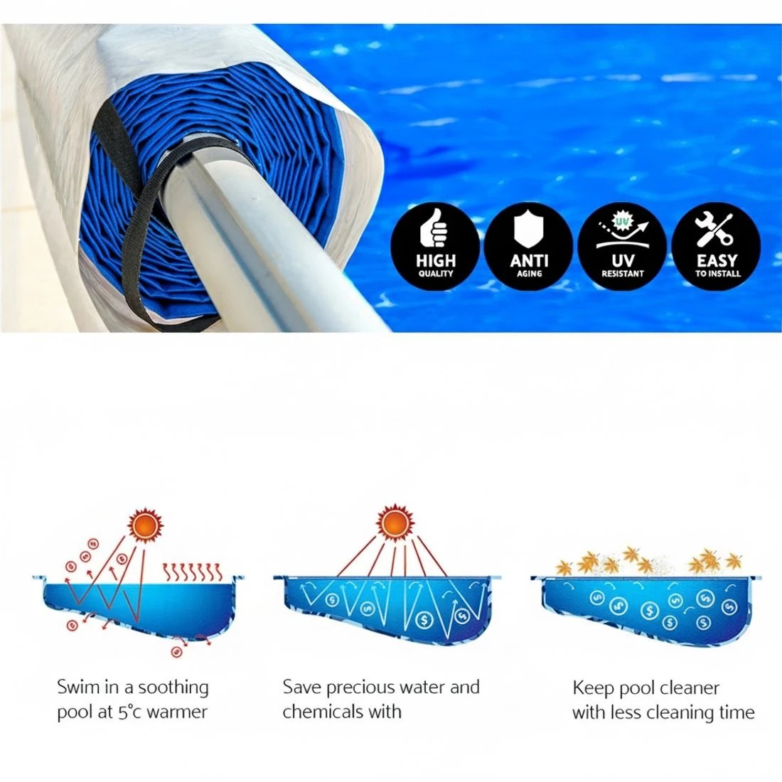 4 Aquabuddy Pool Cover 500 Micron 10x4m  Swimming Pool Solar Blanket 5.5m Roller - Multi, 4 of 6