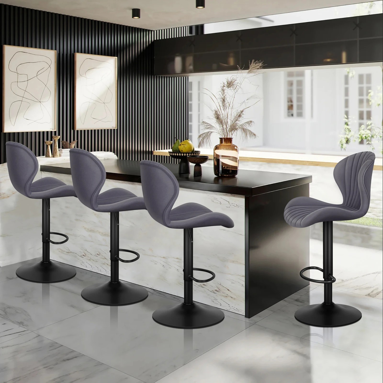 8 Alfordson 4x Bar Stools Gas Lift Air Leather Bar Chairs Kitchen Swivel - Grey, 8 of 10