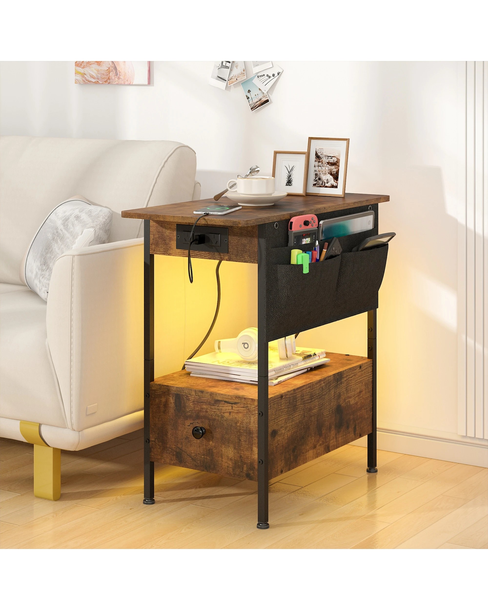 2 Advwin LED End Table Sofa Side Table with Charging Station and Drawers Narrow Bedside Table with Storage Pocket, 2 of 10