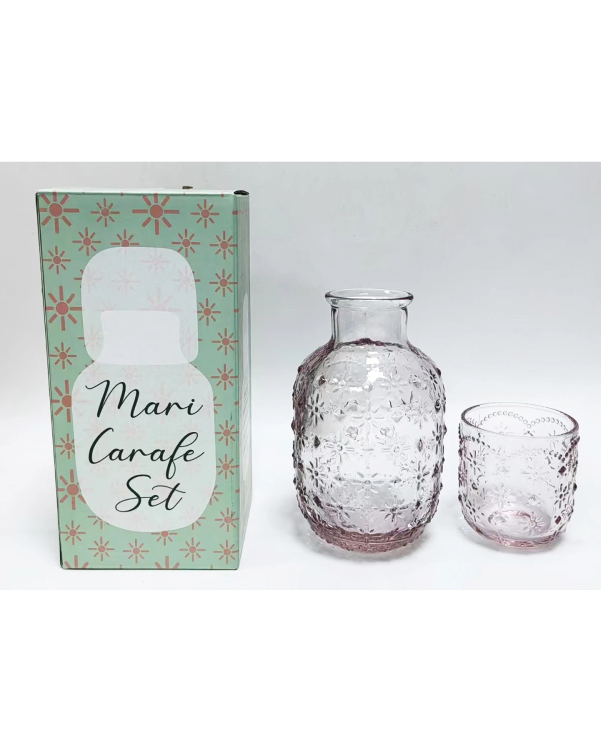 3 Urban Products 2pc Mari Floral Embossed Carafe Glass Set Decorative Vases 19cm - Pink, 3 of 4