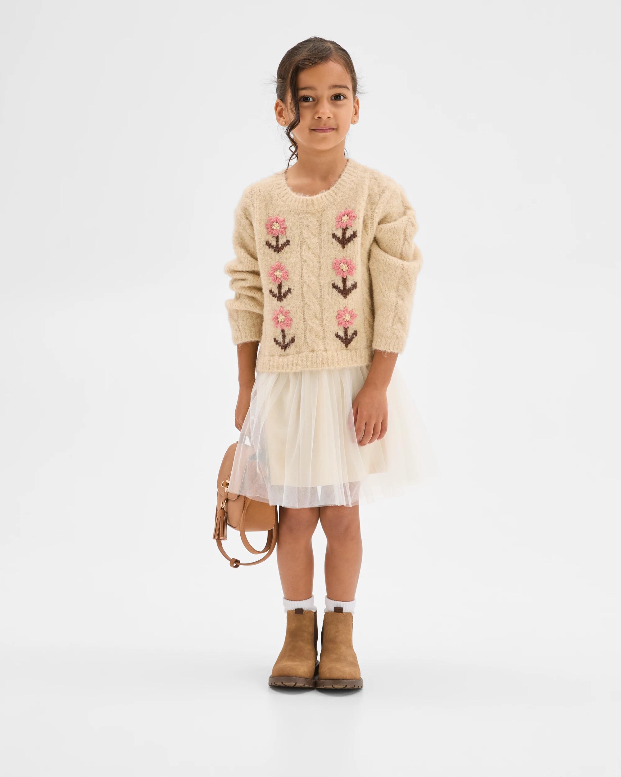 2 Target Kids Long Sleeve Knit Jumper Tulle Embroidered Dress GARDENIA CREAM, 2 of 6