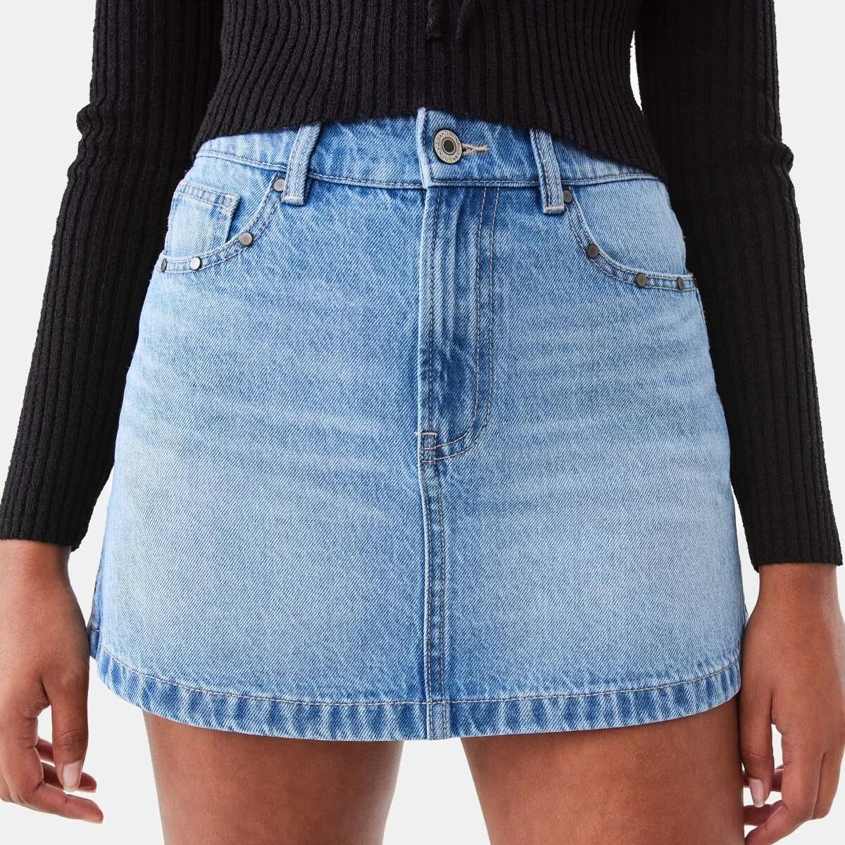 1 Studded Denim Mini Skirt Mid Wash, 1 of 9