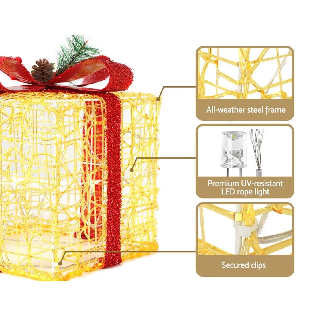 7 Jingle Jollys Christmas Lights Gift Box Set 3 PCS Set 48 LED Decorations - Gold, 7 of 7