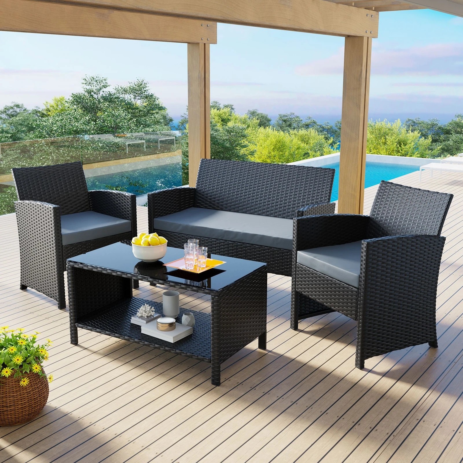 2 Alfordson Outdoor Furniture 4PCS Garden Patio Chairs Table Set Wicker - Black, 2 of 9