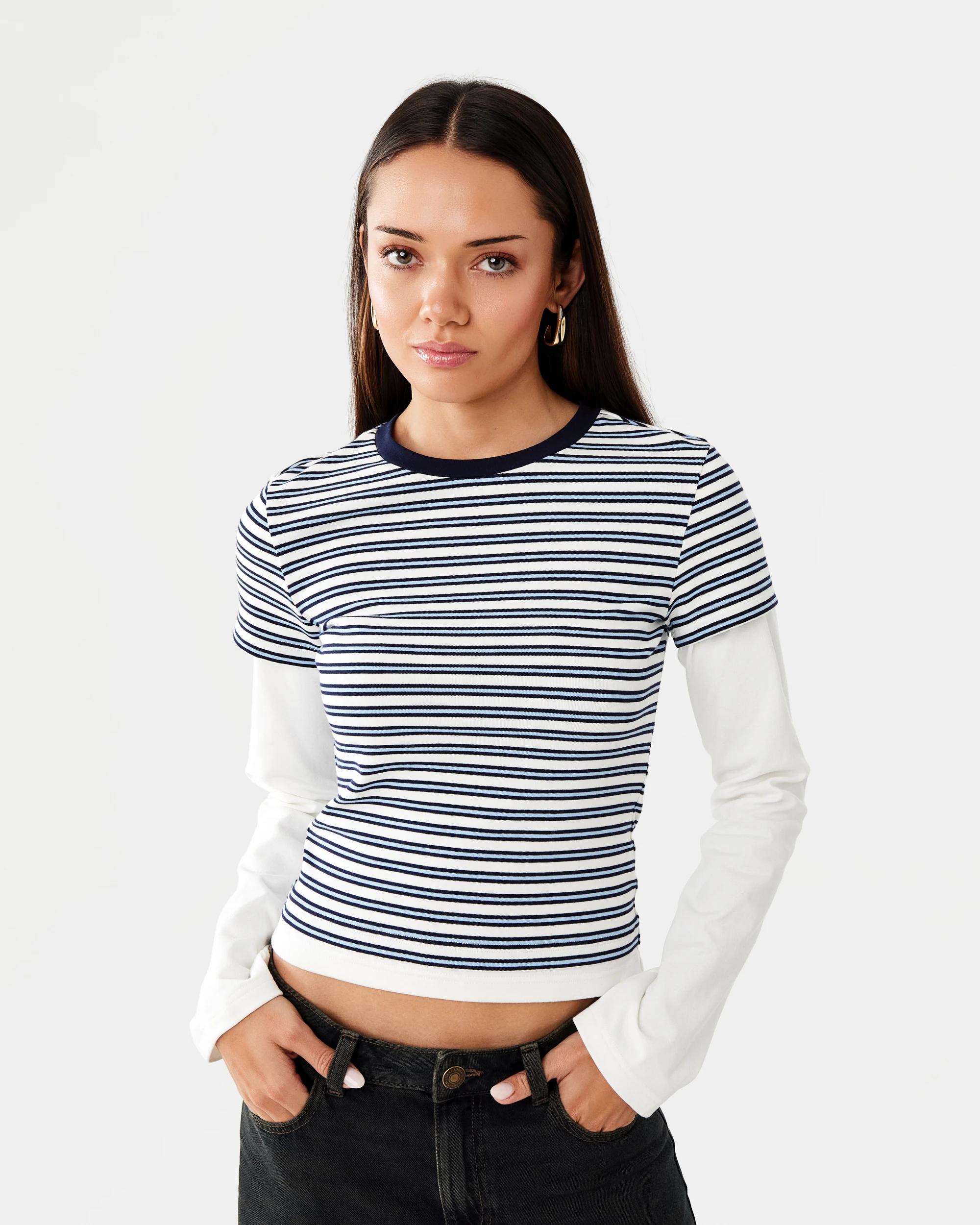 1 Long Sleeve Double Layer Top Blu Stripe, 1 of 10