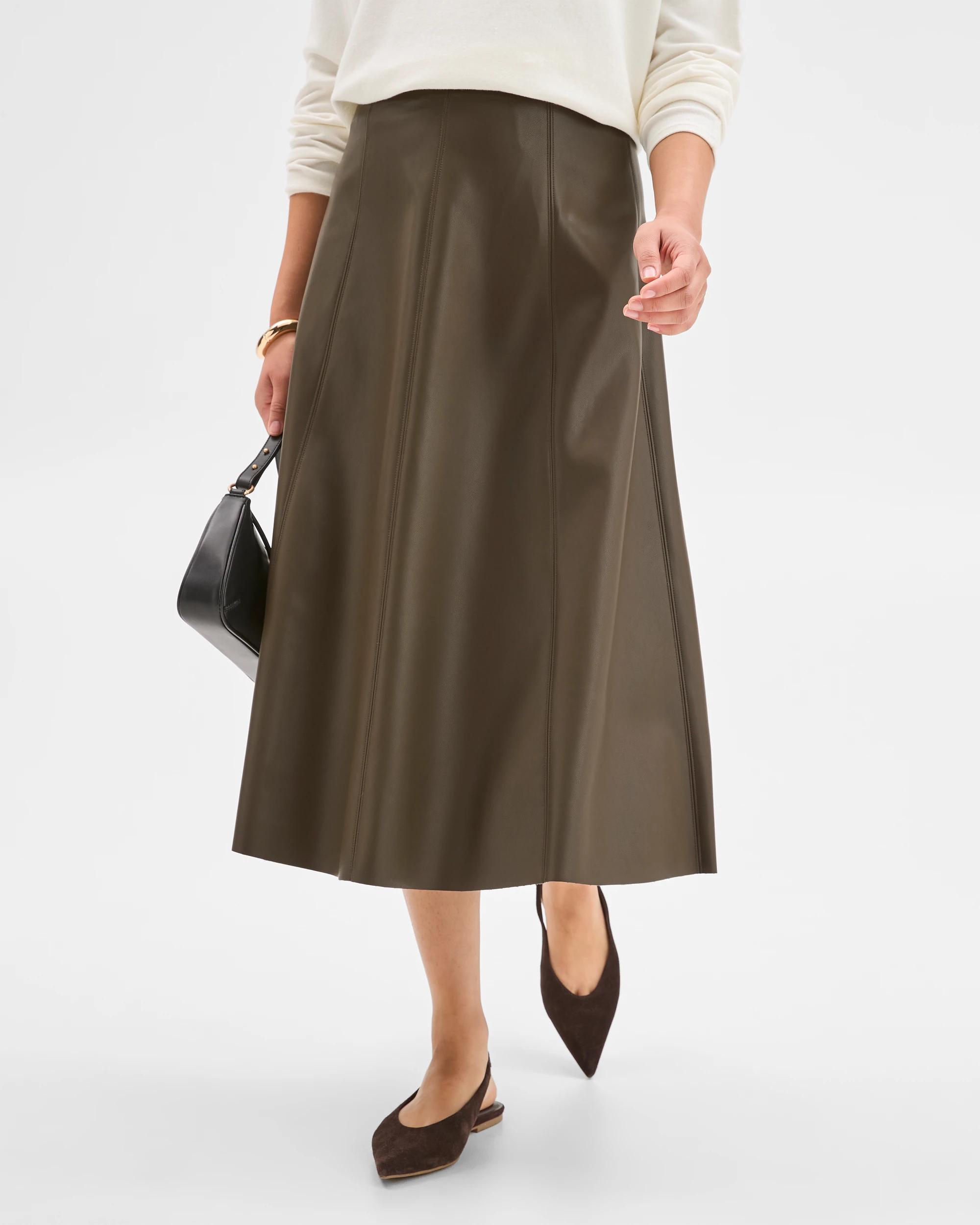 3 Preview PU Panel A-Line Midi Skirt OLIVE, 3 of 5