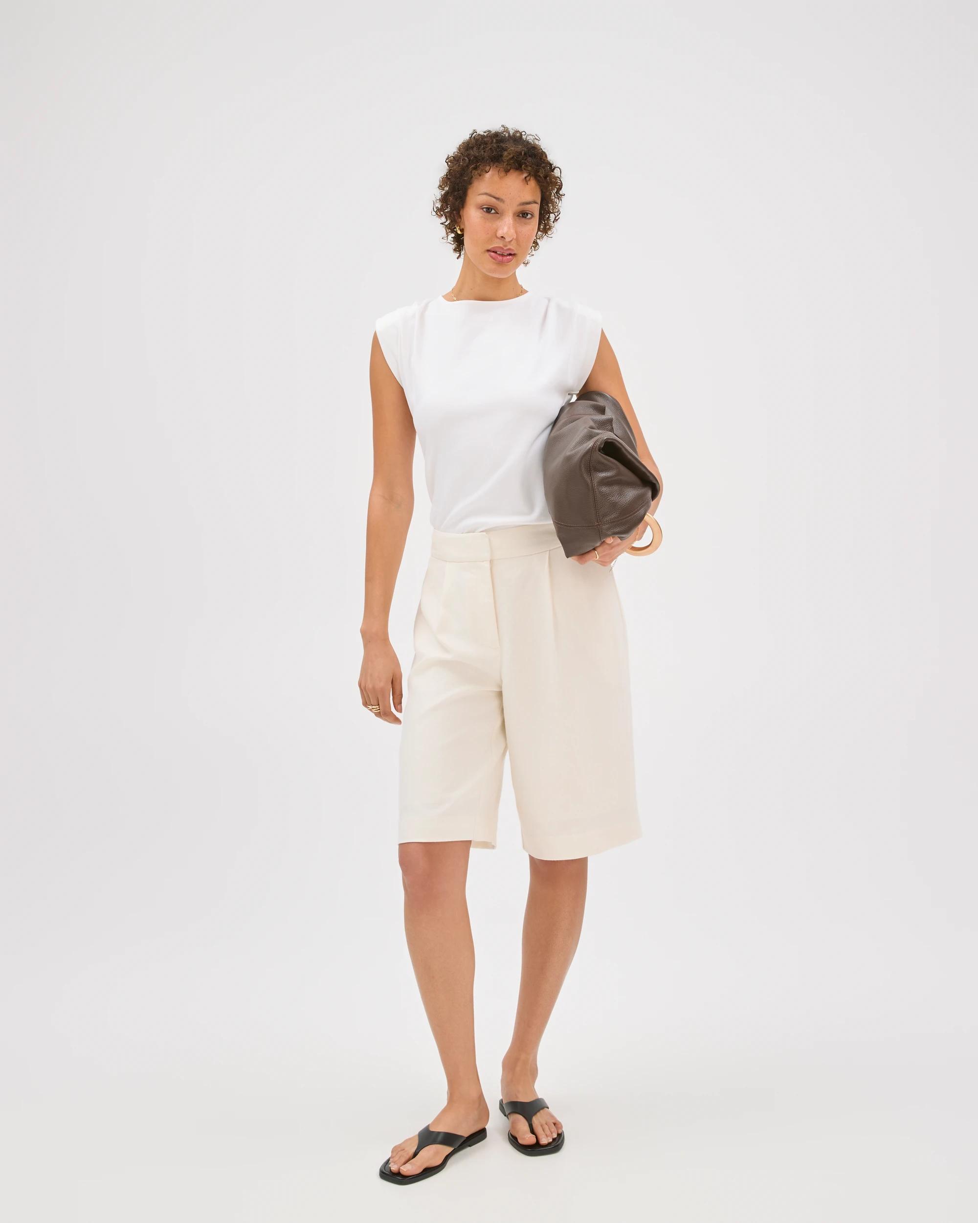 2 Preview Australian Cotton Sleeveless Shoulder Pad Tuck Detail Top CLOUD DANCER, 2 of 6