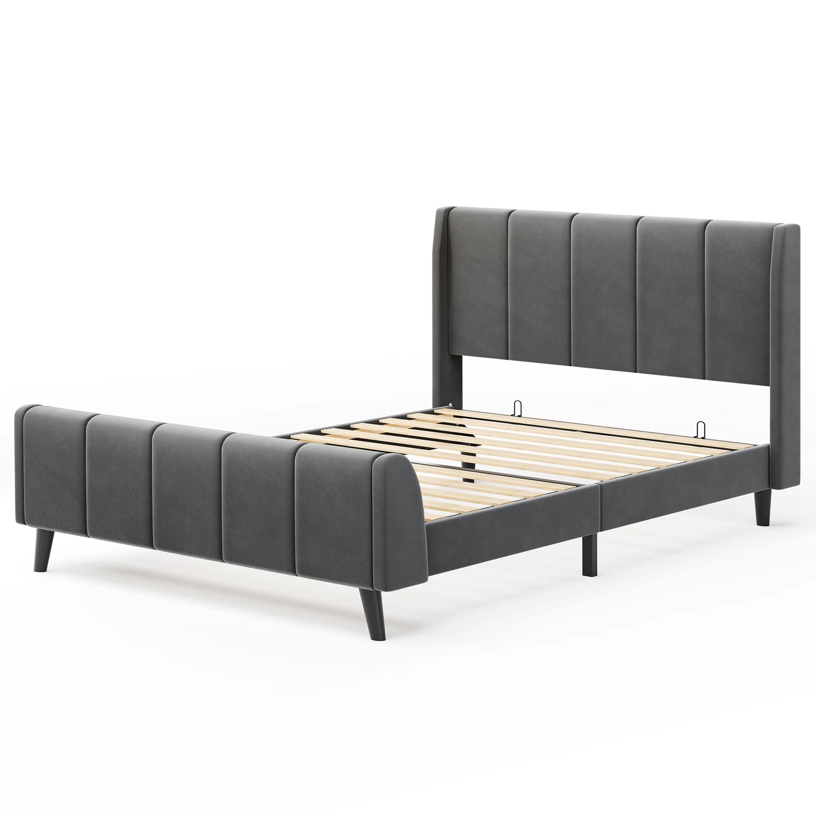 1 Alfordson Bed Frame Single Size Tufted Headboard Base Velvet Hundolf - Grey, 1 of 10