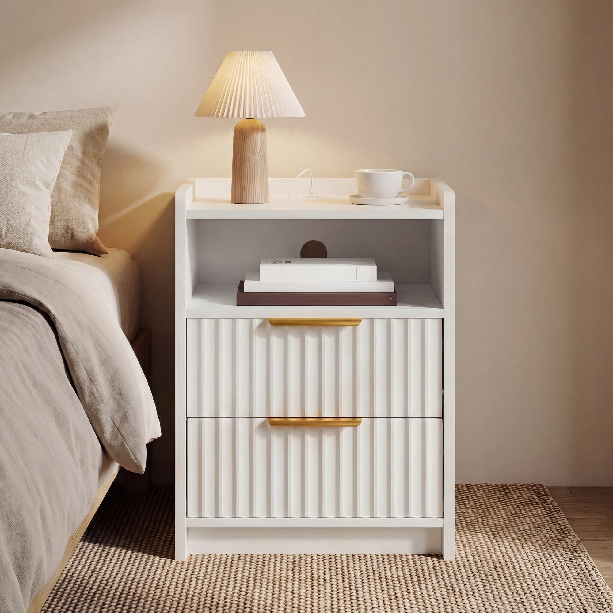 2 Advwin Bedside Table with Charging Station 2 Drawers Open Shelf - White, 2 of 7