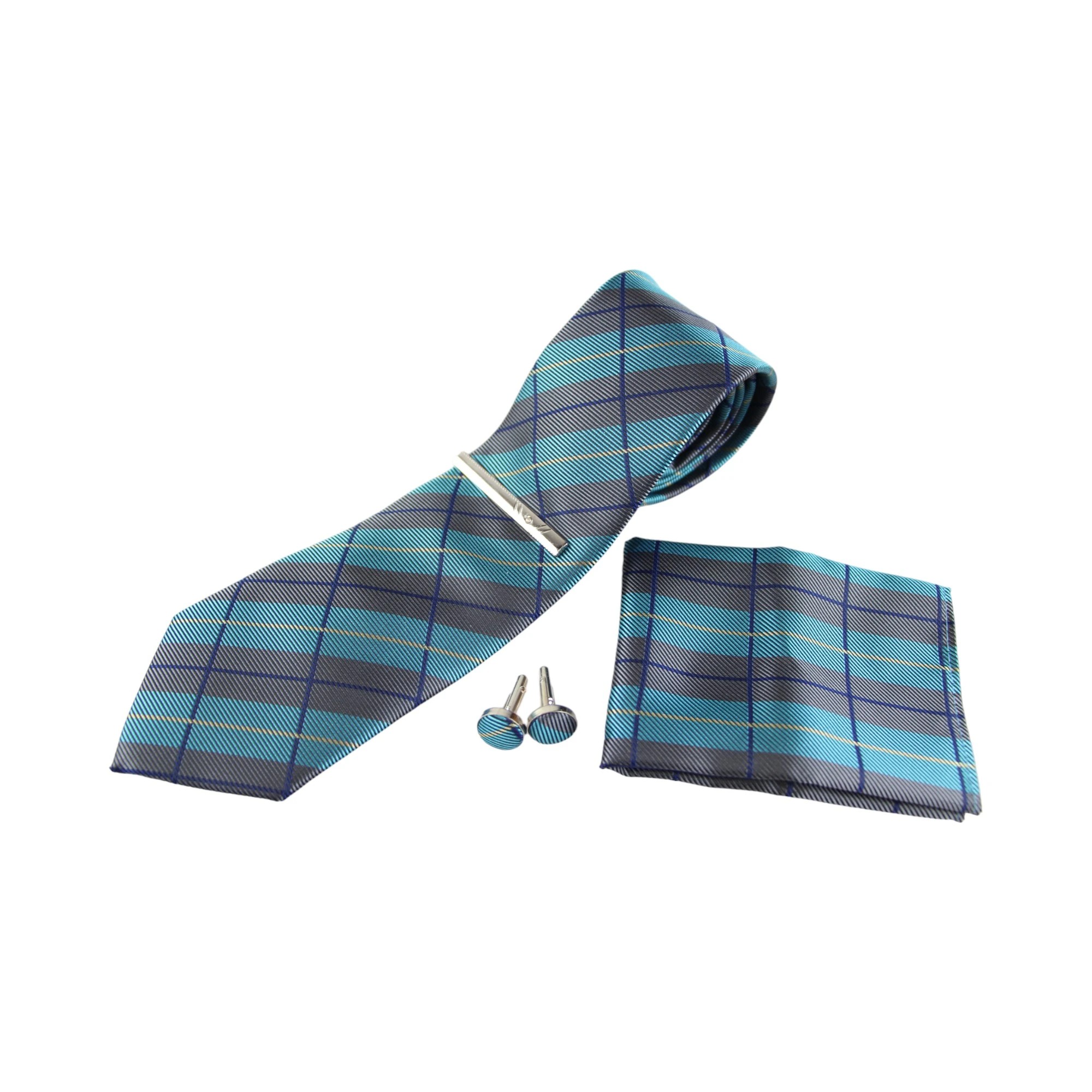 3 Zasel Mens Grey, Sky Blue & Navy Checkered Matching Neck Tie, Pocket Square, Cuff Links And Tie Clip Set - Multi, 3 of 3